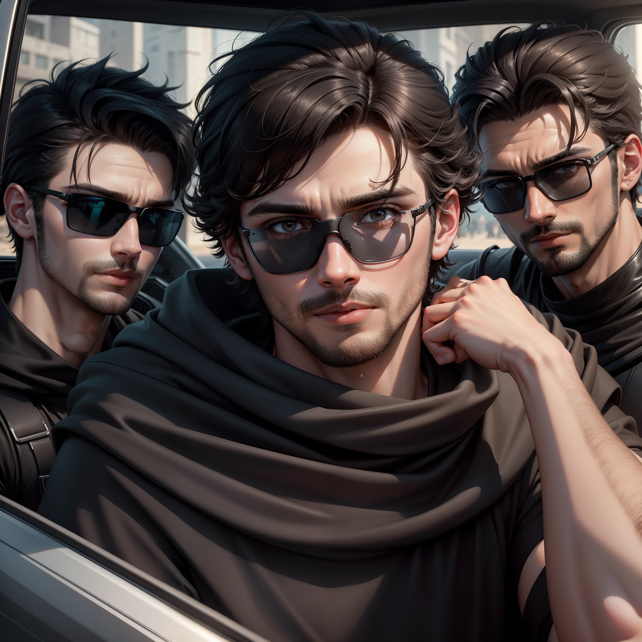 RAW photo of a handsome man with realistic face , in a top of thar car with boys friends , all boys wearing black cloth with black goggles,small details, photorealistic, ultra-realistic photo, 8k uhd, dslr, soft lighting, high quality,, XT3, (masterpiece)