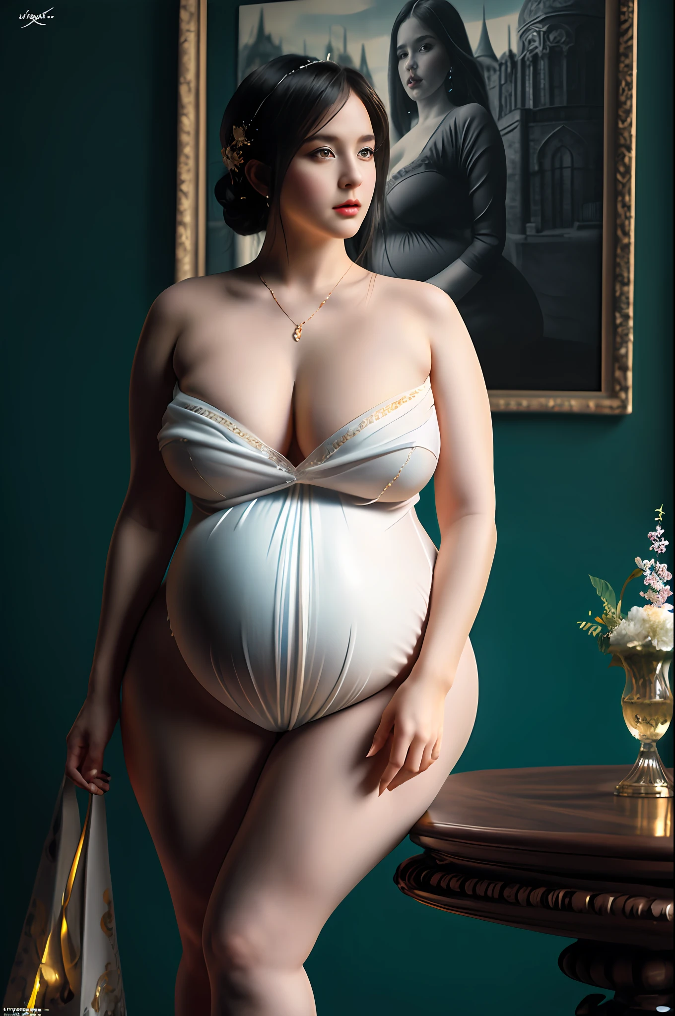 hyper realistic, ultra detailed photograph of  a  beautiful  pregnant white young Russian girl naked ,cutecore, rounded face,curvy body,a photorealistic,big-breasted,hyperrealism, beautiful thick female, sexy, bbw, in,Ultra photoreal,Intricate details,Photorealistic,Ultra detailed,hyper realistic photo, elegant photorealistic, portrait retro and fantasy style, 2b, great high details, a-1 pictures, hyper real photo, front angle pose,8k, extreme quality