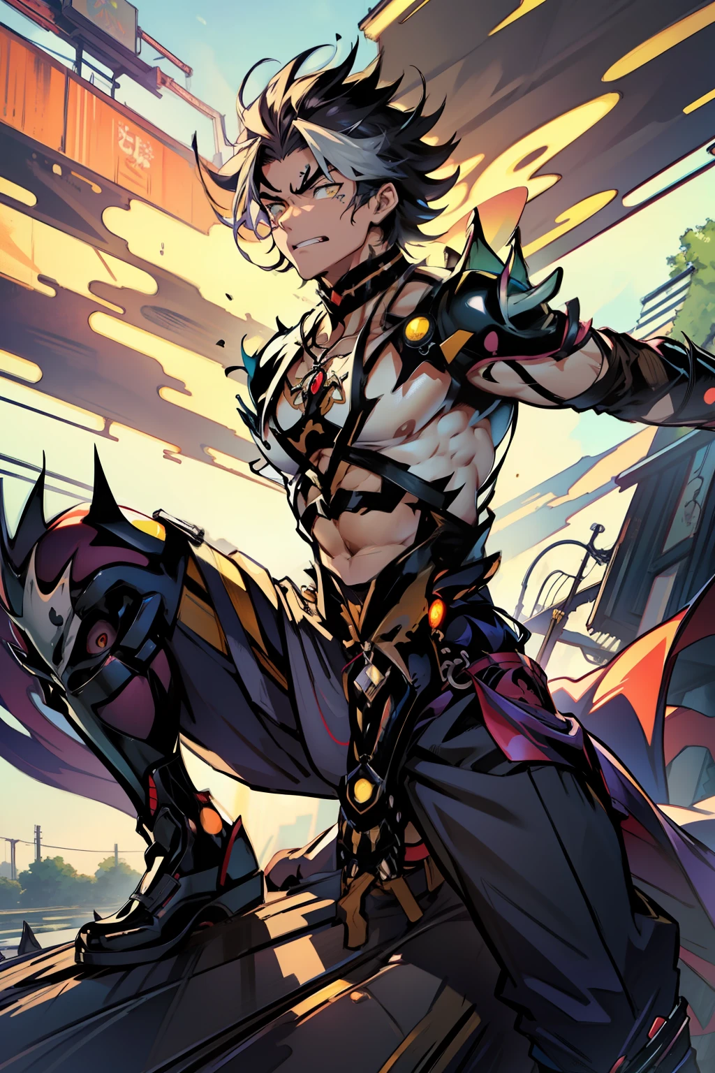 《the original god》Arataki Kazuto , male people，，((Masterpiece)), ((Best quality)), Ultra detailed,((illustration)), Dynamic Angle, Detailed light, (Delicate eyes), Floating, 1boy, Male focus, Head, Clothing, Yellow eyes, necklace, tattoo, (Forehead:0.8), (ahoge:0.8), jewelry, apathy，Ray， chest muscle， Sexy , Venom symbiote for your body, Black mucus of the body , （into venom）, Venom，frontage，style of anime4 K， 4K anime wallpaper， Badass anime 8 K， 4 k comic wallpaper， young anime man， Anime boys， Anime wallpapers 4 k， Anime wallpaper 4K， High quality anime art style， Anime moe art style， Anime art wallpaper 8 K， Anime art wallpaper 4 K， RGB lighting