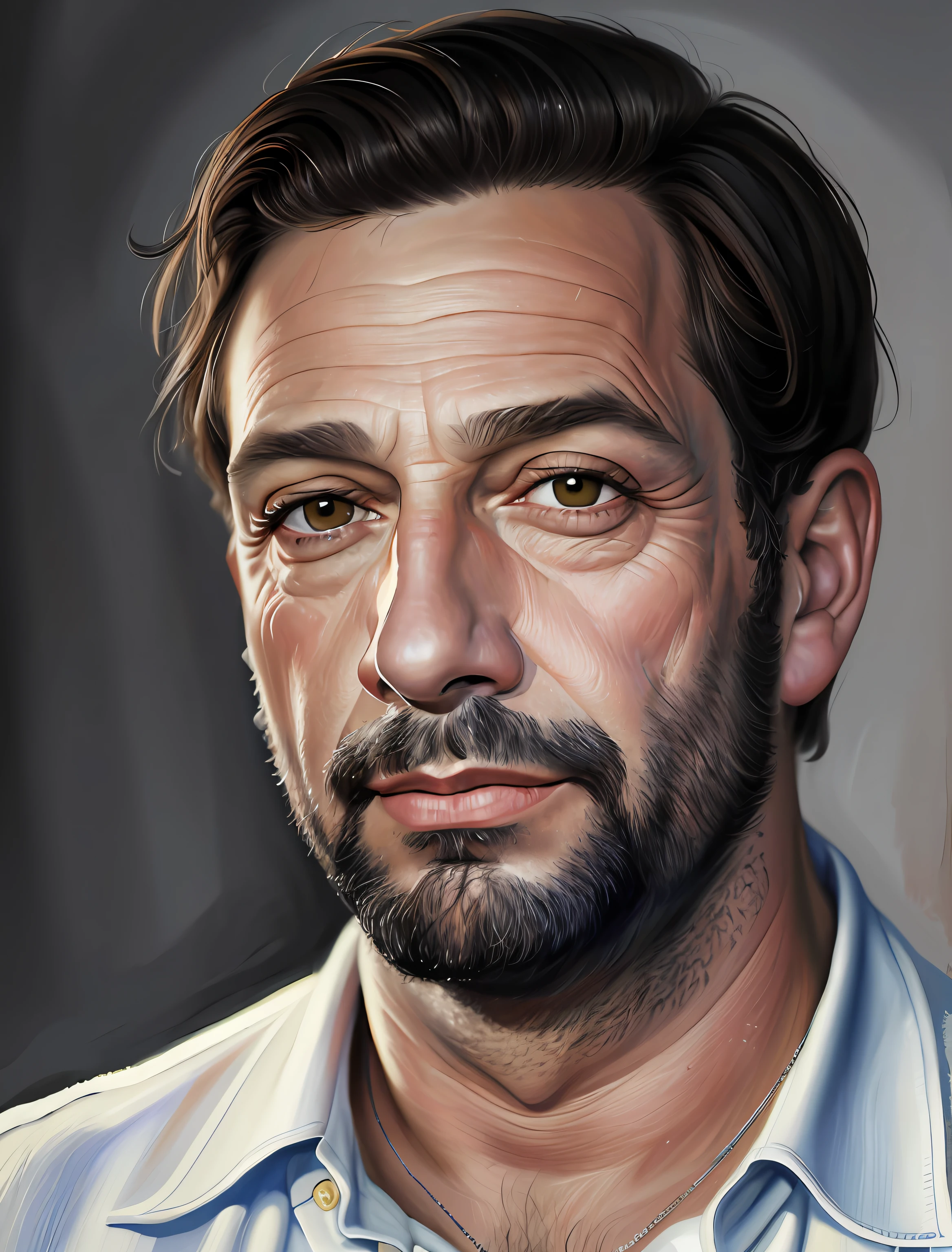 Homem com um olhar surpreso no rosto, camisa branca, camisa branca, Arte Digital. Foto realista, #1 pintura digital de todos os tempos, # 1 pintura digital de todos os tempos, retrato ultra realista, Foto retrato realista, pintura digital dos desenhos animados, ultra realistic illustration, retrato realista da foto, Directed by: Ludwik Konarzewski, Retrato de esconder a dor Harold, pintado digitalmente