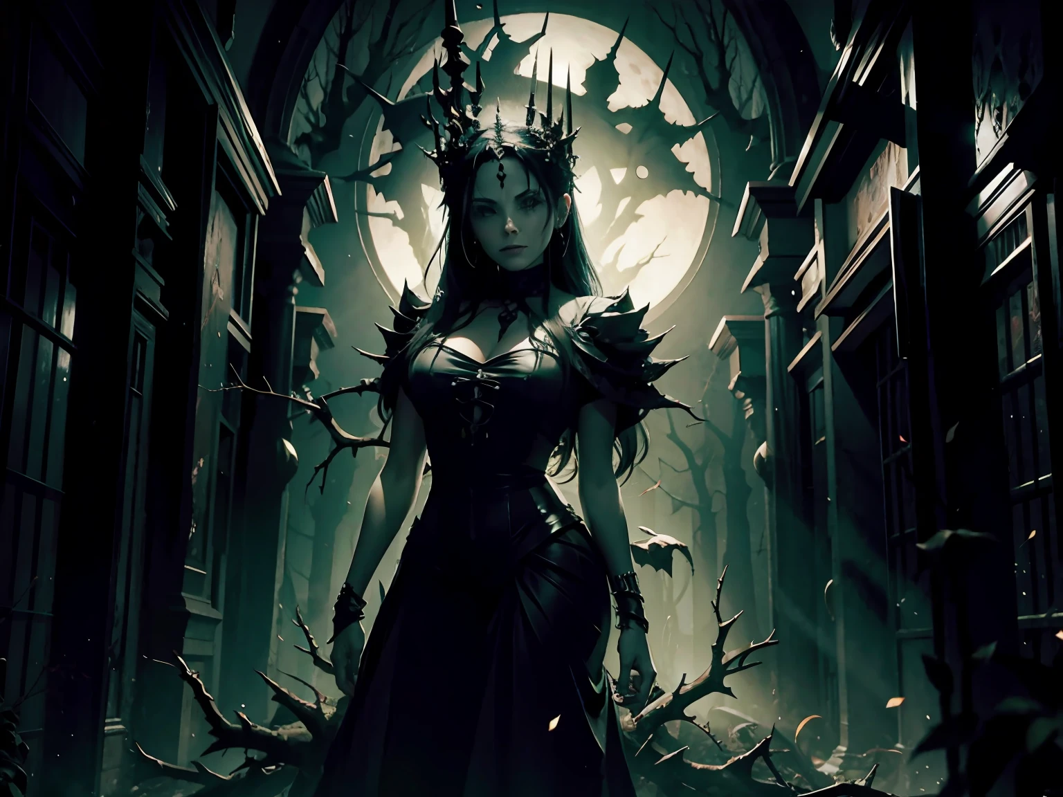 A MACABRE AND TERRIFYING STATUE OF A WOMAN FULL OF THORNS in A DARK AND DENSE FOREST AT NIGHT IN THE LIGHT OF THE BACKGROUND MOON, Clima denso, gothic horror vibes, arte de fantasia de terror, cores mortas