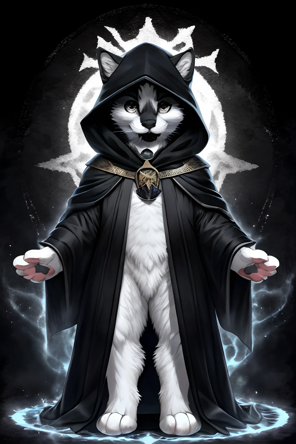 Leo, black and white cat, standing upright, cute paws for hands, high quality, high resolution, upper body shot, portrait, (black lower lip:1.1), wearing a wizards cloak, black robes, in a magical wizards workshop,