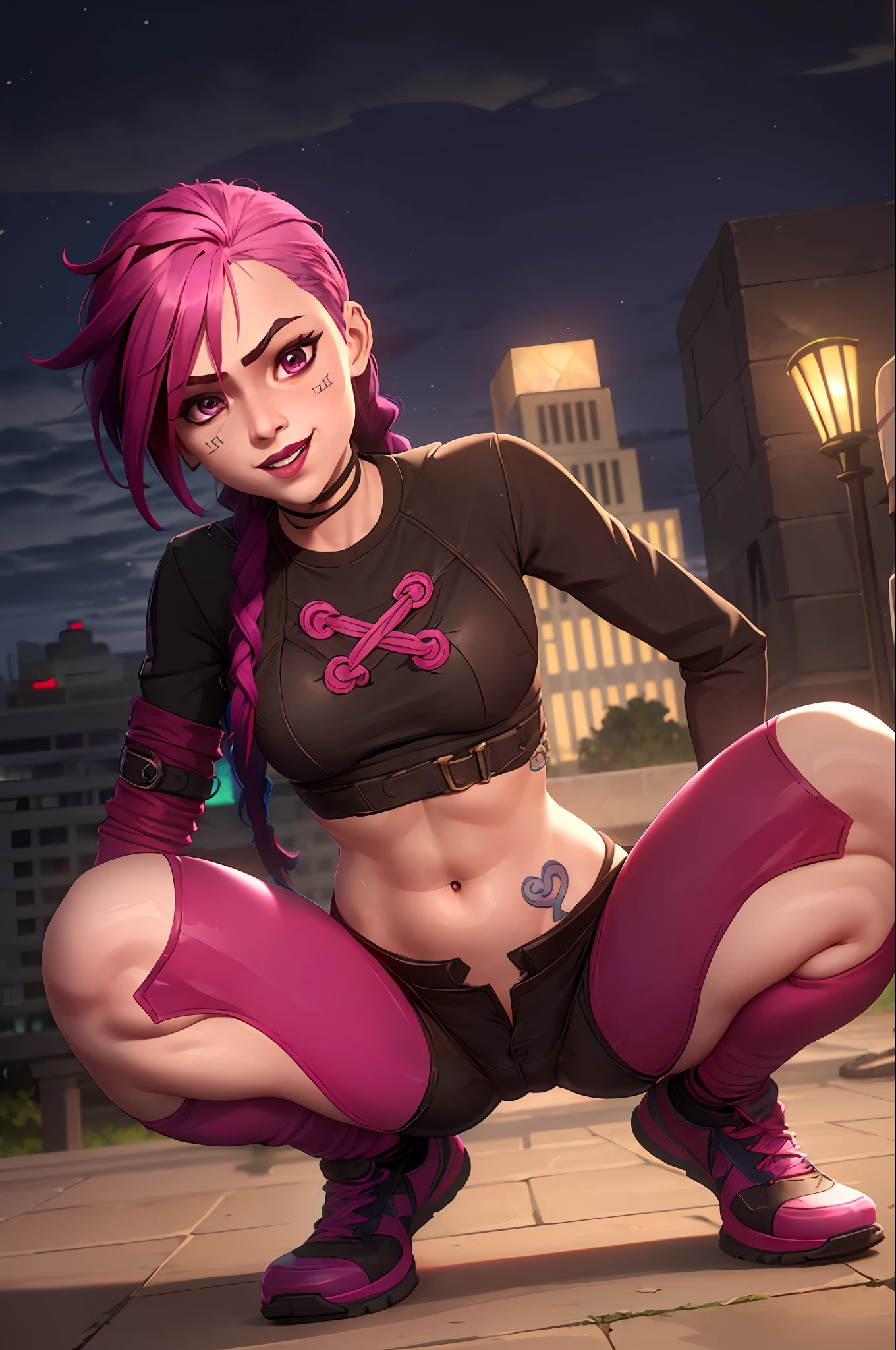 arcane style, 1girl, full body image, detailed face, colored sneakers, NSFW, arm tattoo, asymmetrical bangs, bangs, blue hair, braid, brown shirt, cloud tattoo, looking at viewer, seductive pose, small tits, squat, smiling, night, city, green hair, long hair, midriff, pink eyes, red lips, shirt, solo, standing, tattoo, twin braids, arcane jinx, jinx \(league of legends\), tight clothes, seductive