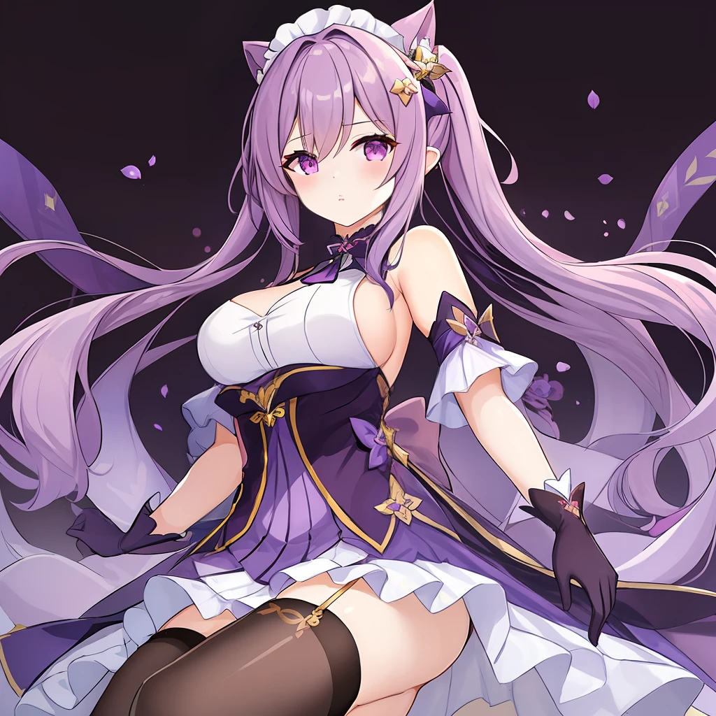 1girl in, Bare_shoulders, breastsout, brown_legwear very, Detached_sleeves, doress, frilld, full_Body, gloves, hair_cones, hair_ornament detached, Ketin_\(Genshin_impactful\), long_hair, up looking_で_viewer, panthyhose, Purple_Dress, Purple_Eyes, Purple_hair, 独奏, ​masterpiece, top-quality，maid clothes