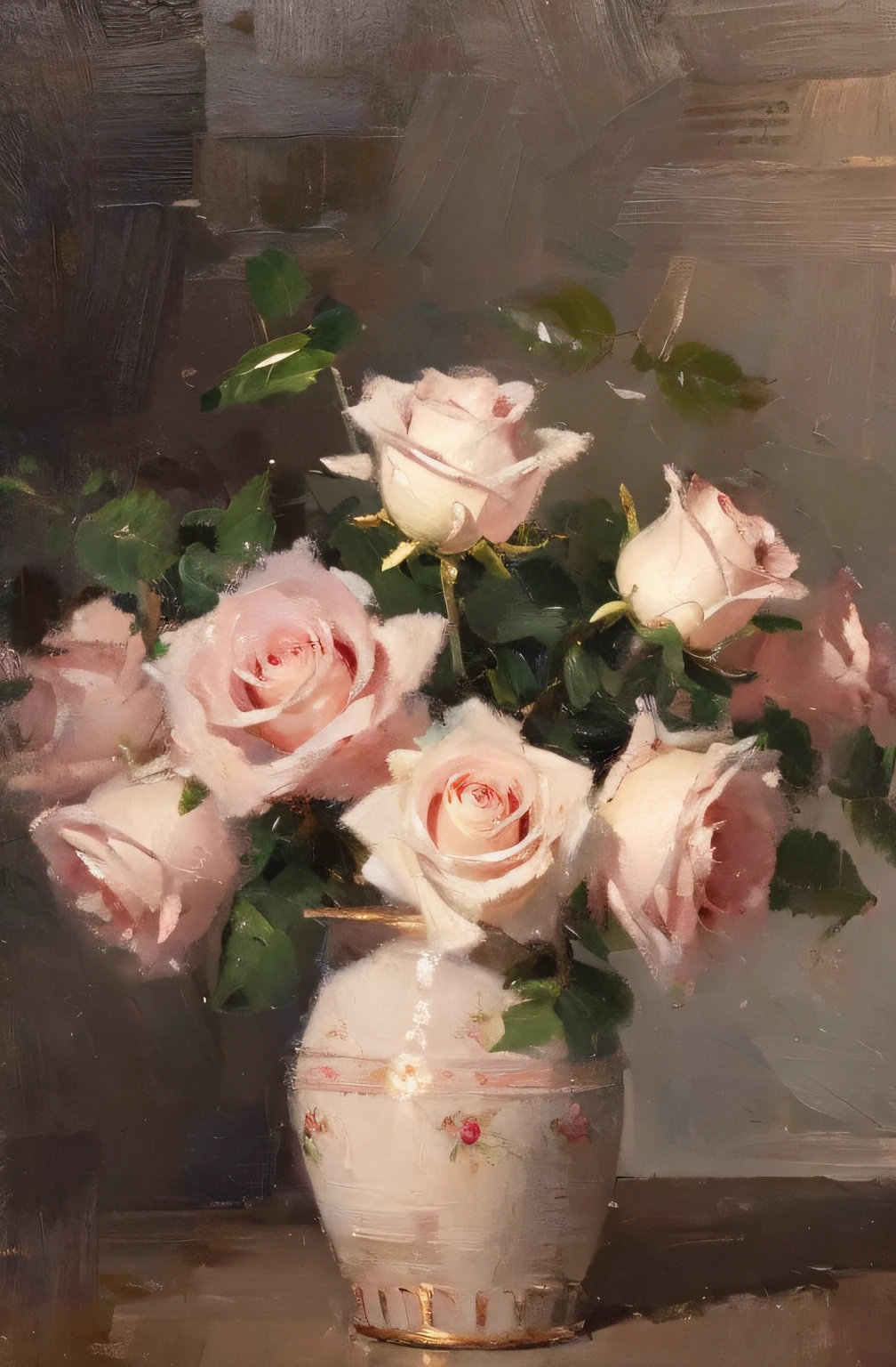 (masterpiece,best quality,highres,ultra_detailed:1.2), simple background, still life, rule of thirds,pink and white rose in a dark vase