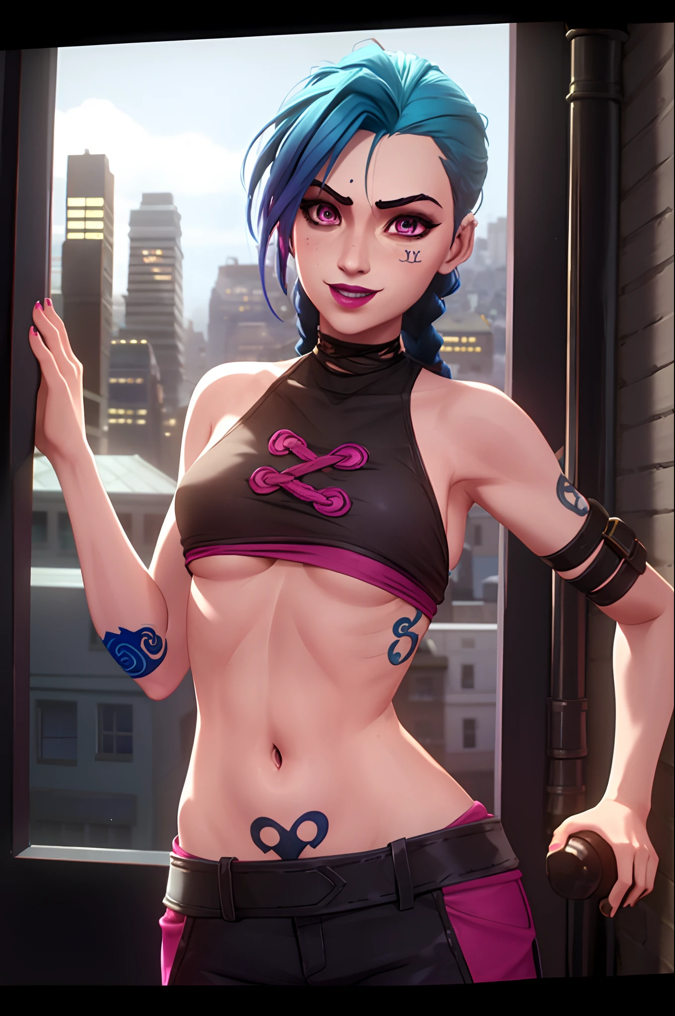 arcane style, 1girl, full body, colored sneakers, NSFW, arm tattoo, asymmetrical bangs, bangs, blue hair, braid, brown shirt, cloud tattoo, looking at viewer, seductive pose, small tits, smiling, night, city, green hair, long hair, midriff, pink eyes, red lips, shirt, solo, standing, tattoo, twin braids, upper body, arcane jinx, jinx \(league of legends\), tight clothes, seductive