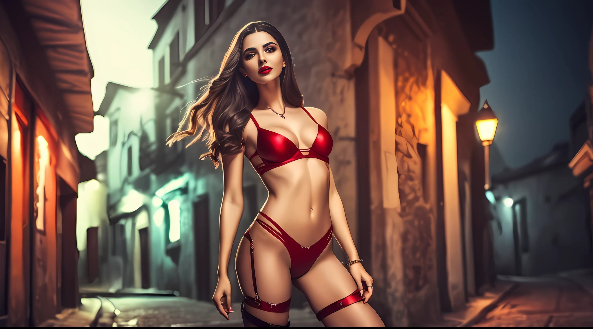 a Mulher sensual, Half-body plane without cutting the arms, pose sexy, red lips with vampire vibrations long hair, She is alone in a dark street at night with light in the background very feminine warrior clothing cinematic bokeh background realistic and detailed dark lighting 16k --auto