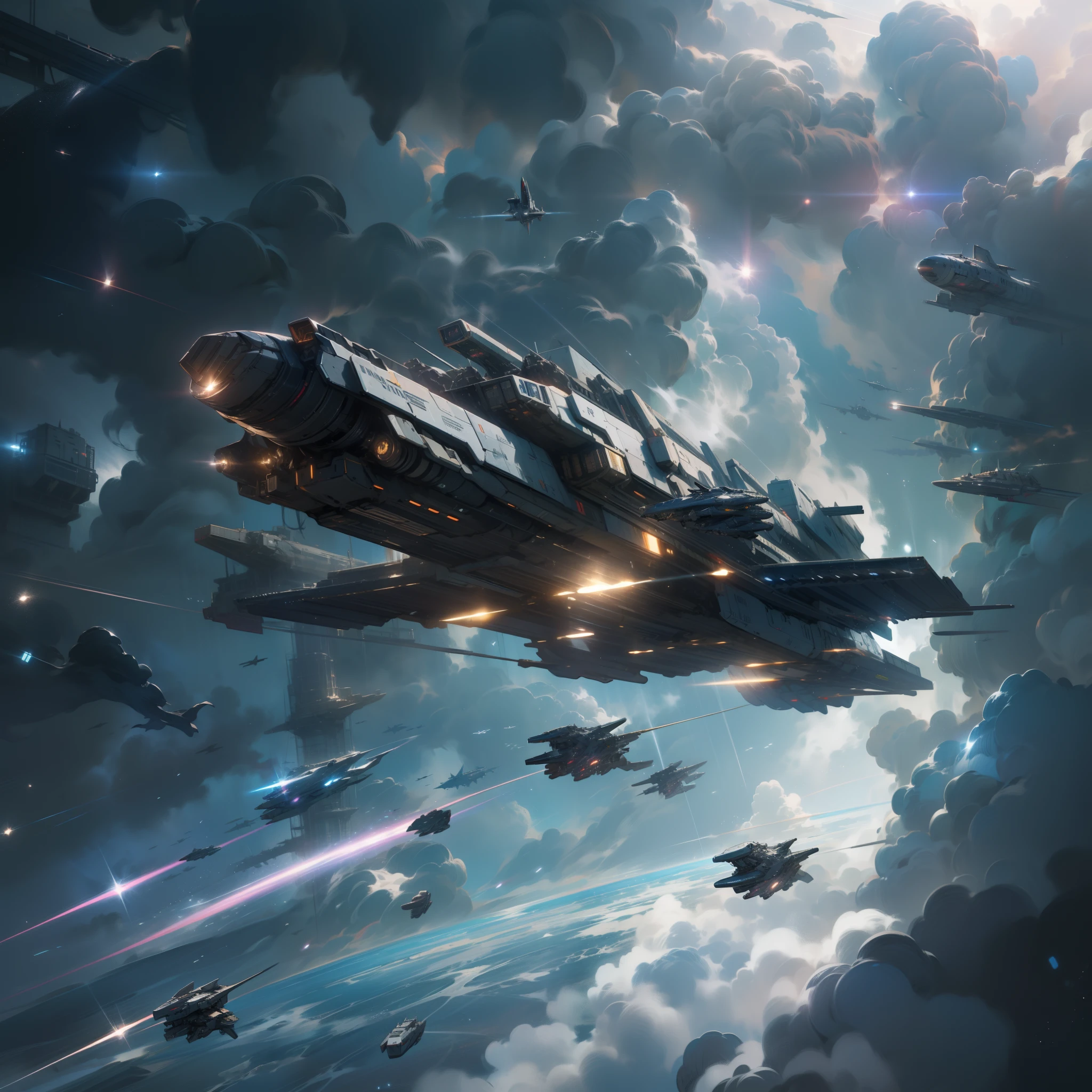 A space battleship flying through the clouds, Dreadnought, sci-fy, star citizen digital art, sci fi art, Sci-fi space battleship, Space battleship on the move, Fly over the sci-fi fighter swarm above, reflection light, ray tracing, motion blur, UHD, high quality, highres, high details