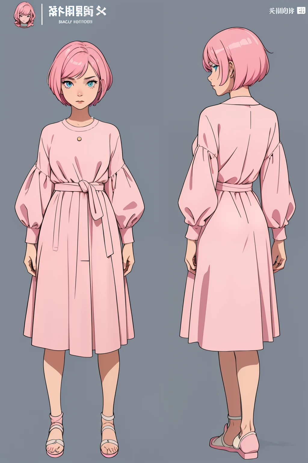 masterpiece, best quality, 1 girl, standing, character reference drawing, wearing modern clothes, short and pink hair, blue eyes, character sheet, hard line and coloring, no background, daily clothes, short hair