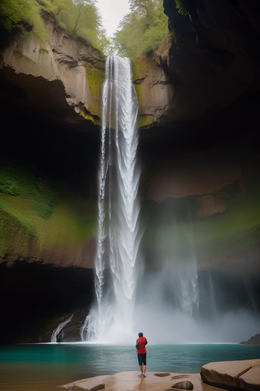 A man stands in front of a waterfall, huge waterfalls, with a waterfalls, Solitude under the waterfall, with waterfalls, next to a waterfall, Huge waterfall, in a cave with the waterfall, huge waterfalls, standing in a waterfall, standing inside a waterfall, an endless waterfall, standing in front of a waterfall, high waterfalls,There are no tourists,RAW photos,best qualtiy,超高分辨率,realisticlying,photograph of-realistic,waterfallr,Run,lakes,in a panoramic view,Armageddon,Dynamic,velocity,Cinematic texture,Dark,(Very detailed CG unity 8K wallpaper), Photos of the world's most beautiful artwork, Professional majestic(photography of:Steve McCurry),8K UHD,digital SLR camera,Gentle lighting,high high quality,filmgrain,Fujifilm XT3 sharp focus,F 8,high detal,Sharp focus,dramatics,(watch audience:1.2),(Natural soft light)