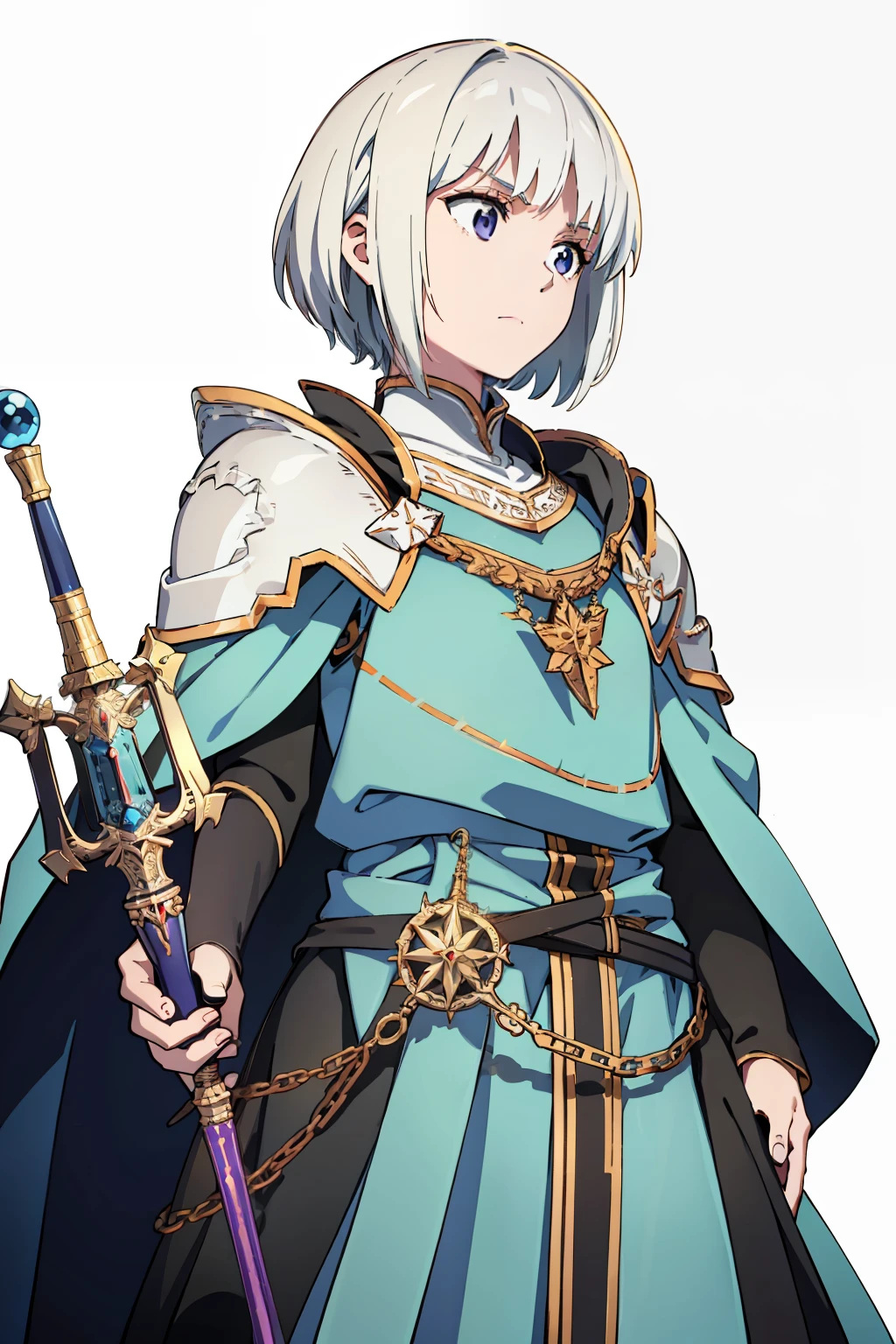 One female, , short white hair, detailed, emotionless face, wearing a shoulder pad, a mage's robe, holding a mage's staff in hand, front camera, white background
