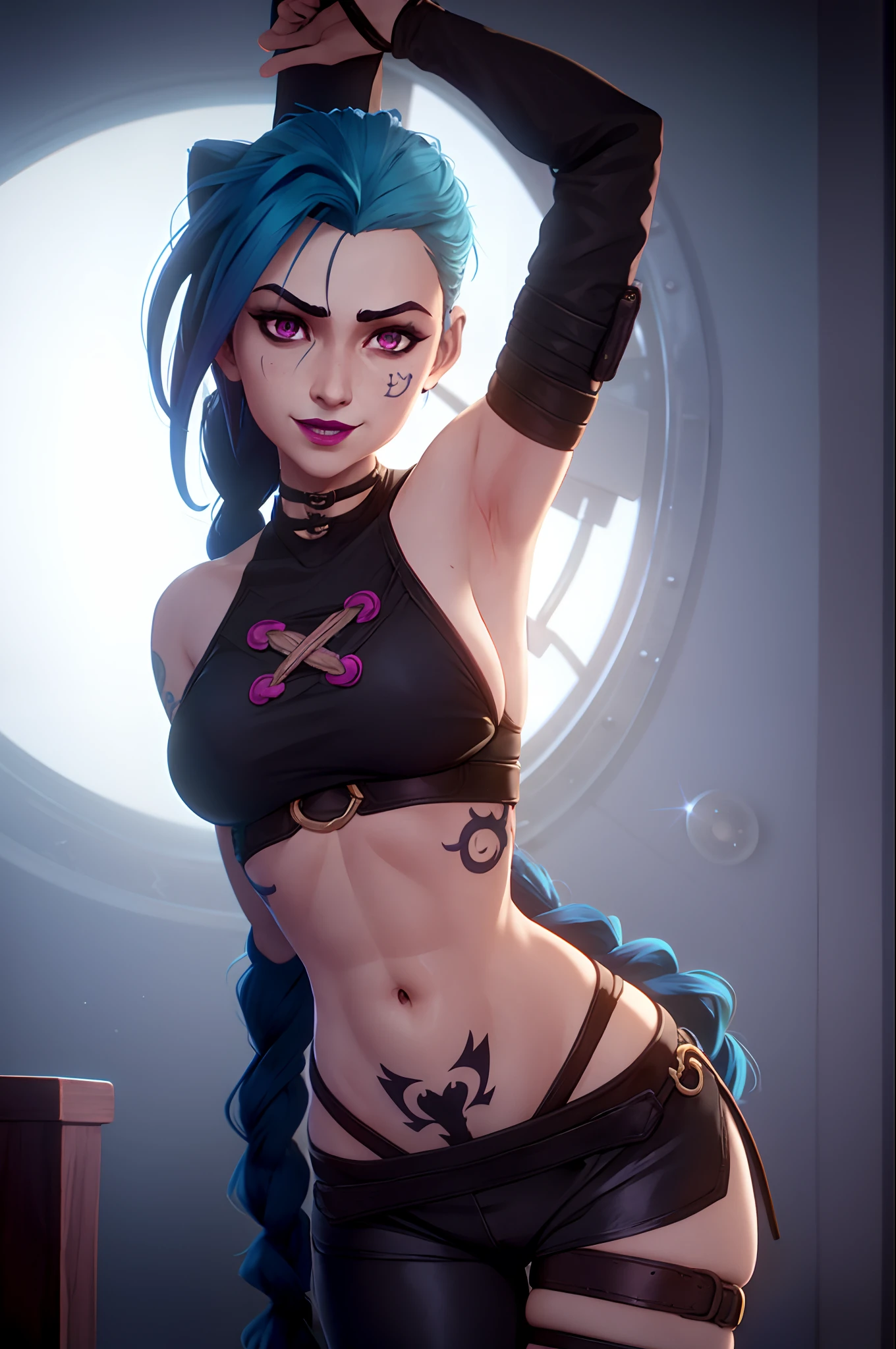 arcane style, 1girl, NSFW, arm tattoo, asymmetrical bangs, bangs, blue hair, braid, brown shirt, cloud tattoo, looking at viewer, seductive pose, smiling, night, city, green hair, long hair, midriff, pink eyes, red lips, shirt, solo, standing, tattoo, twin braids, upper body, arcane jinx, jinx \(league of legends\), tight clothes, seductive