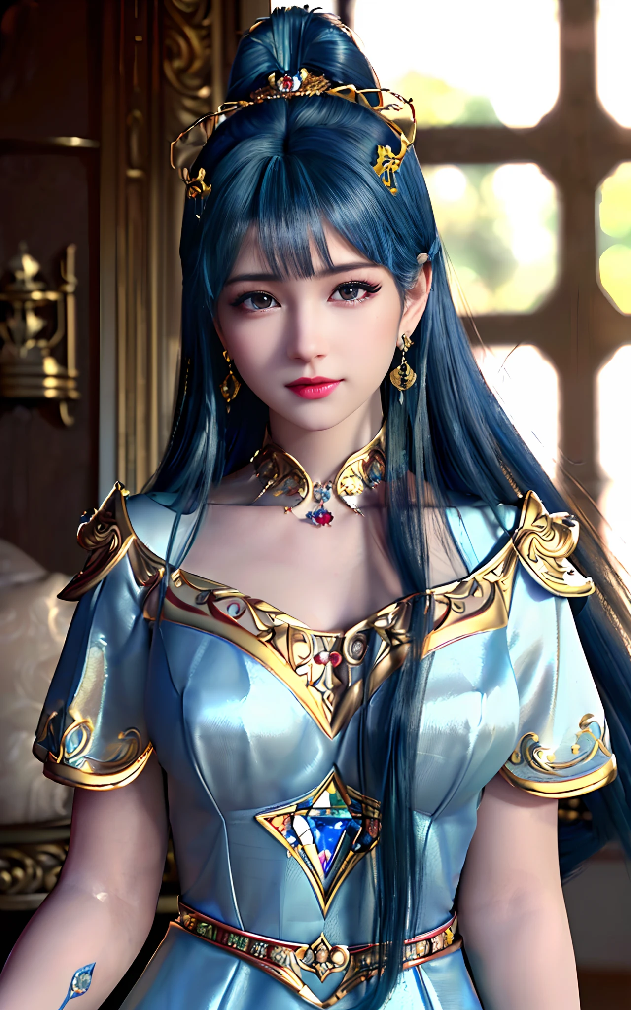((realisticity: 1.2)), ((best resolution: 8K UHD)), best quality,masterpiece,highres,cg,
((1 super detailed and super realistic girl)), ((very beautiful queen dazzling, super realistic, and super detailed)),((white skin, beautiful, smooth, youthful, super realistic and super detailed
)), long hair, ((super realistic and super detailed dress)), solo, ((super realistic, super beautiful, gorgeous and super detailed jewelry)), ((super beautiful, super realistic and super detailed dark red and golden yellow dress)),
((super beautiful, super realistic, super detailed diamond filled earrings)),
((super beautiful, super realistic and super detailed diamond filled hair ornament)), ((super beautiful upper body, super beautiful, super realistic and super detailed)), ((big breasts: 2.5)),
((super grand, super realistic and super detailed royal palace backgroun))
((super beautiful, super beautiful, super realistic and super detailed hair bun)), ((super beautiful, super realistic and super detailed blue hair)),
candid, Photograph, high resolution, 8k,Bokeh,