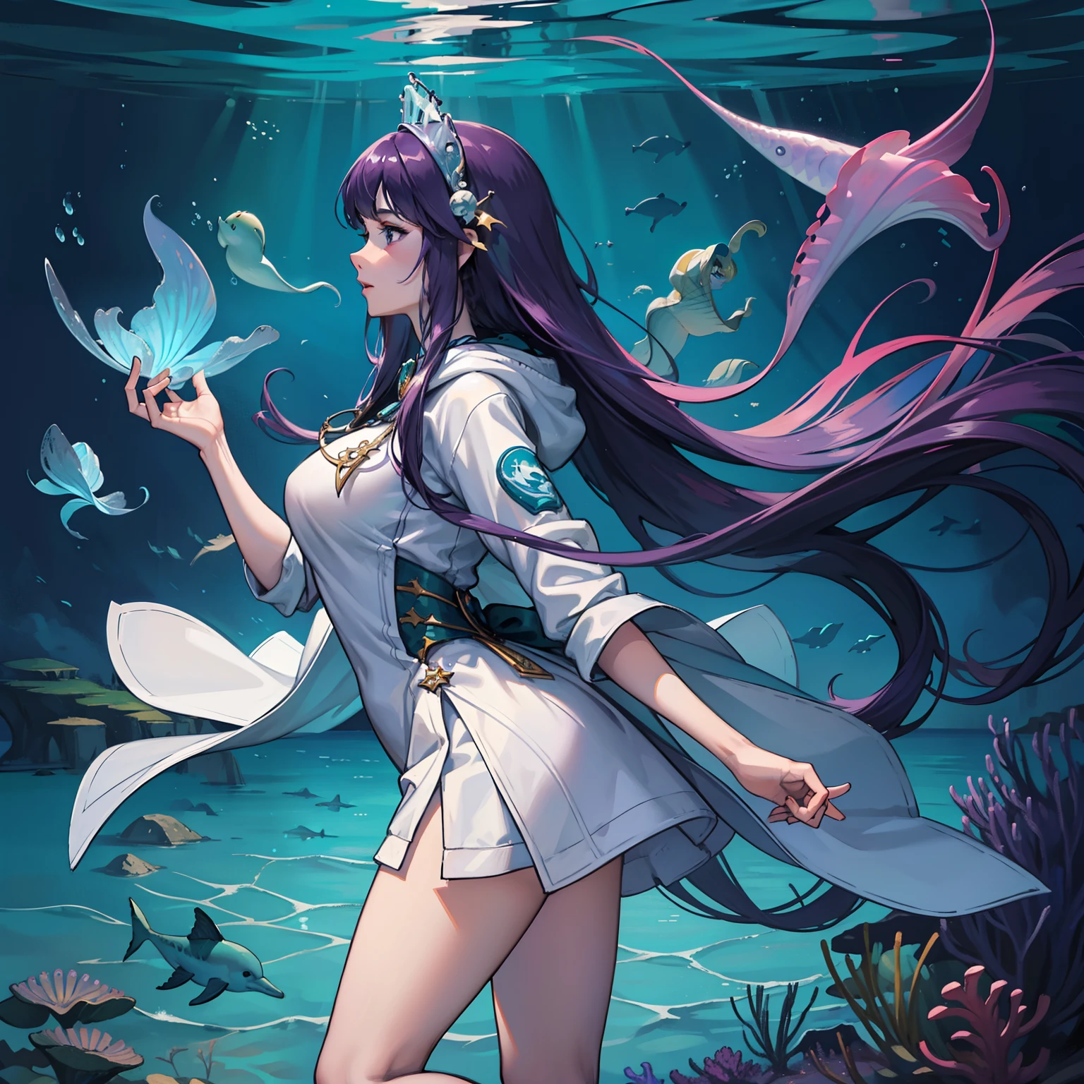 1 woman, masterpiece, best quality, detailed background, solo, portrait, detailed pretty face, feminine female, long hair, floating, hoodie, seafloor, star light, sea grass, colorful jellyfish, five heads tall, depth of field, profile picture, dolphins, pretty, under the sea, standing in water, disney style, dark purple hair