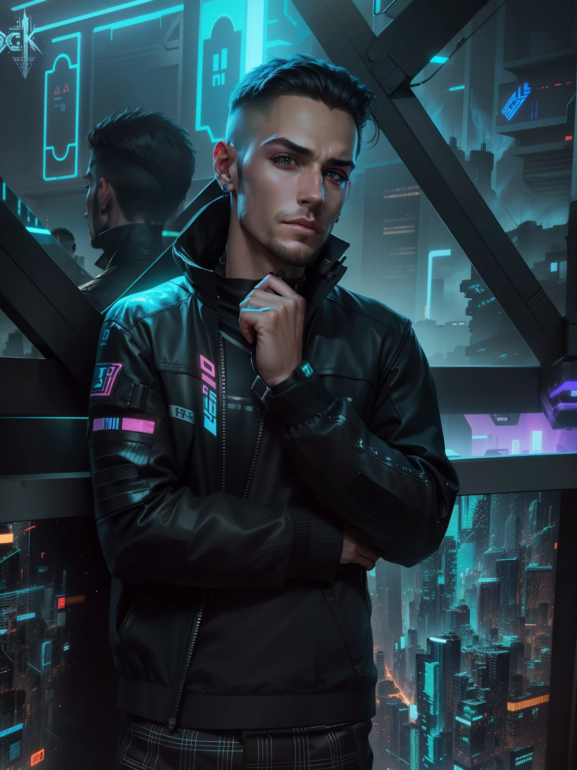 Change background cyberpunk handsome boy, realistic face, 8K ultra realistic