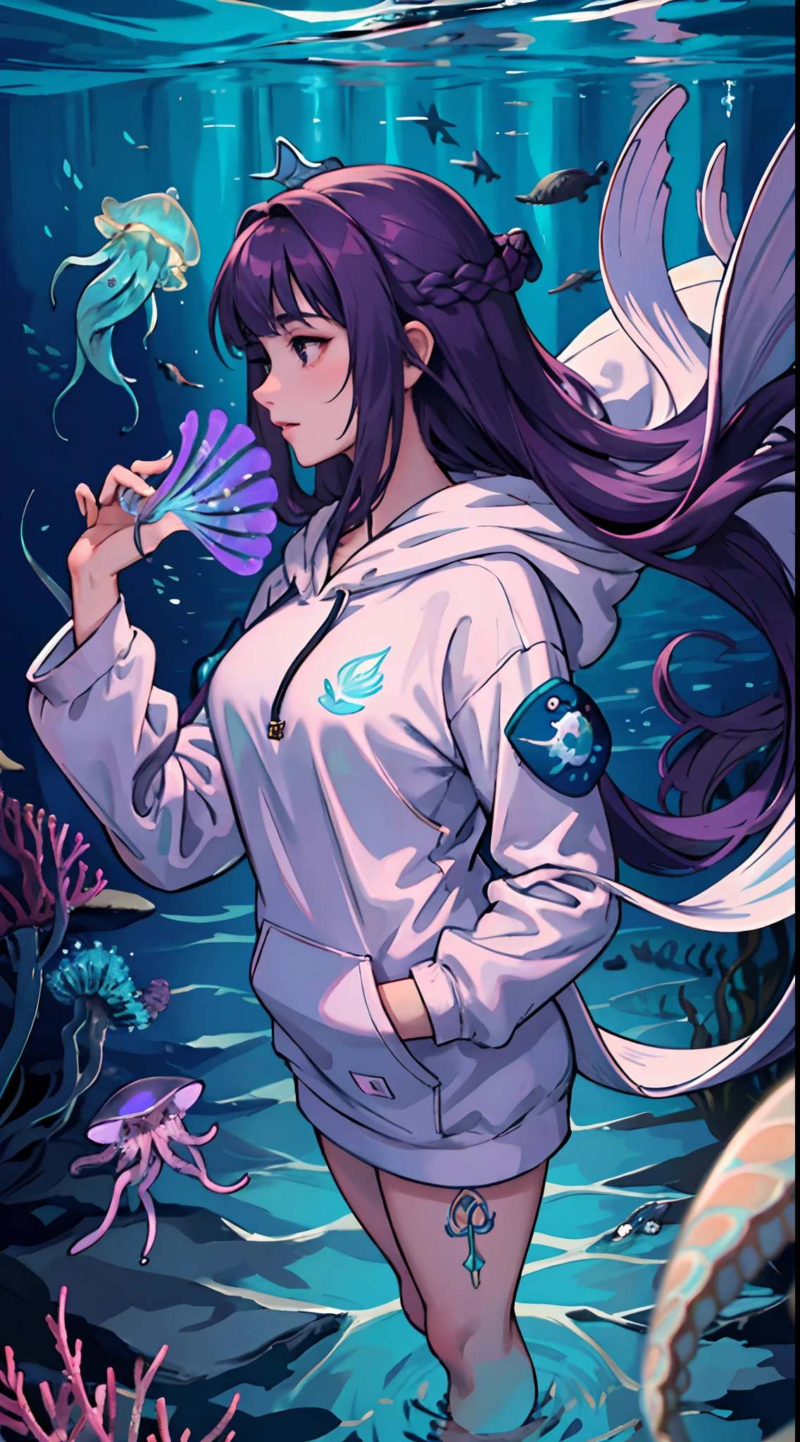 1 woman, masterpiece, best quality, detailed background, solo, portrait, detailed pretty face, feminine female, long hair, floating, hoodie, seafloor, star light, sea grass, colorful jellyfish, five heads tall, depth of field, profile picture, dolphins, pretty, under the sea, standing in water, disney style, dark purple hair
