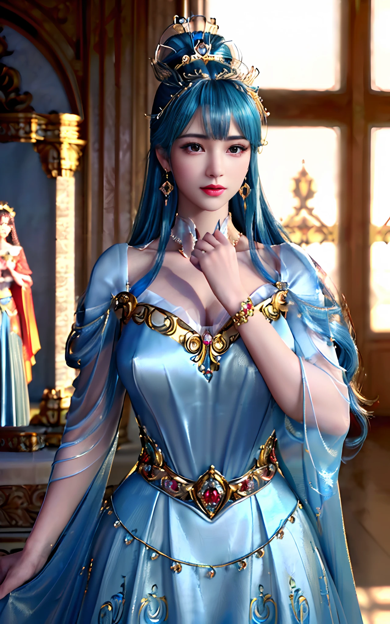 ((realisticity: 1.2)), ((best resolution: 8K UHD)), best quality,masterpiece,highres,cg,
((1 super detailed and super realistic girl)), ((very beautiful queen dazzling, super realistic, and super detailed)),((white skin, beautiful, smooth, youthful, super realistic and super detailed
)), long hair, ((super realistic and super detailed dress)), solo, ((super realistic, super beautiful, gorgeous and super detailed jewelry)), ((super beautiful, super realistic and super detailed dark red and golden yellow dress)),
((super beautiful, super realistic, super detailed diamond filled earrings)),
  ((super beautiful, super realistic and super detailed diamond filled hair ornament)), ((super beautiful upper body, super beautiful, super realistic and super detailed)), ((big breasts: 2.5)), 
((super grand, super realistic and super detailed royal palace backgroun))
((super beautiful, super beautiful, super realistic and super detailed hair bun)), ((super beautiful, super realistic and super detailed blue hair)),
candid, Photograph, high resolution, 8k,Bokeh,