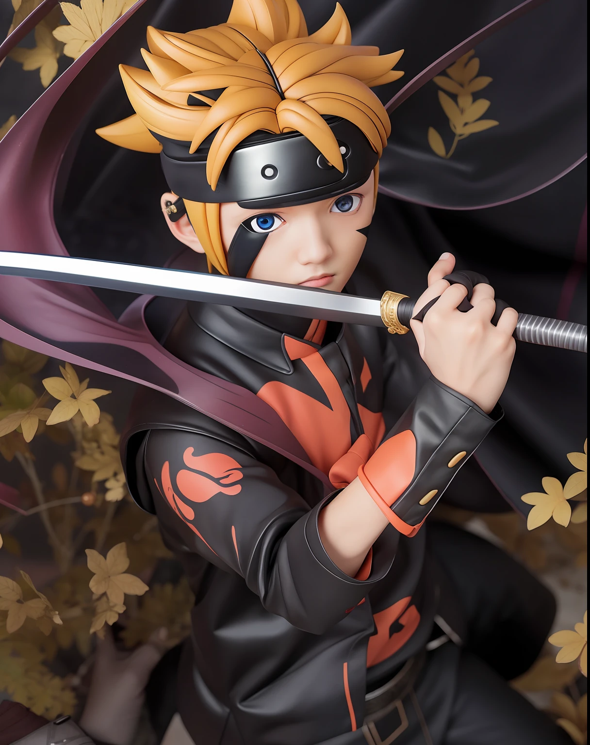 1 men, Uzumaki boruto, holding a sword, black shirt, short hair, realistic, ultra detail, 77mm lens