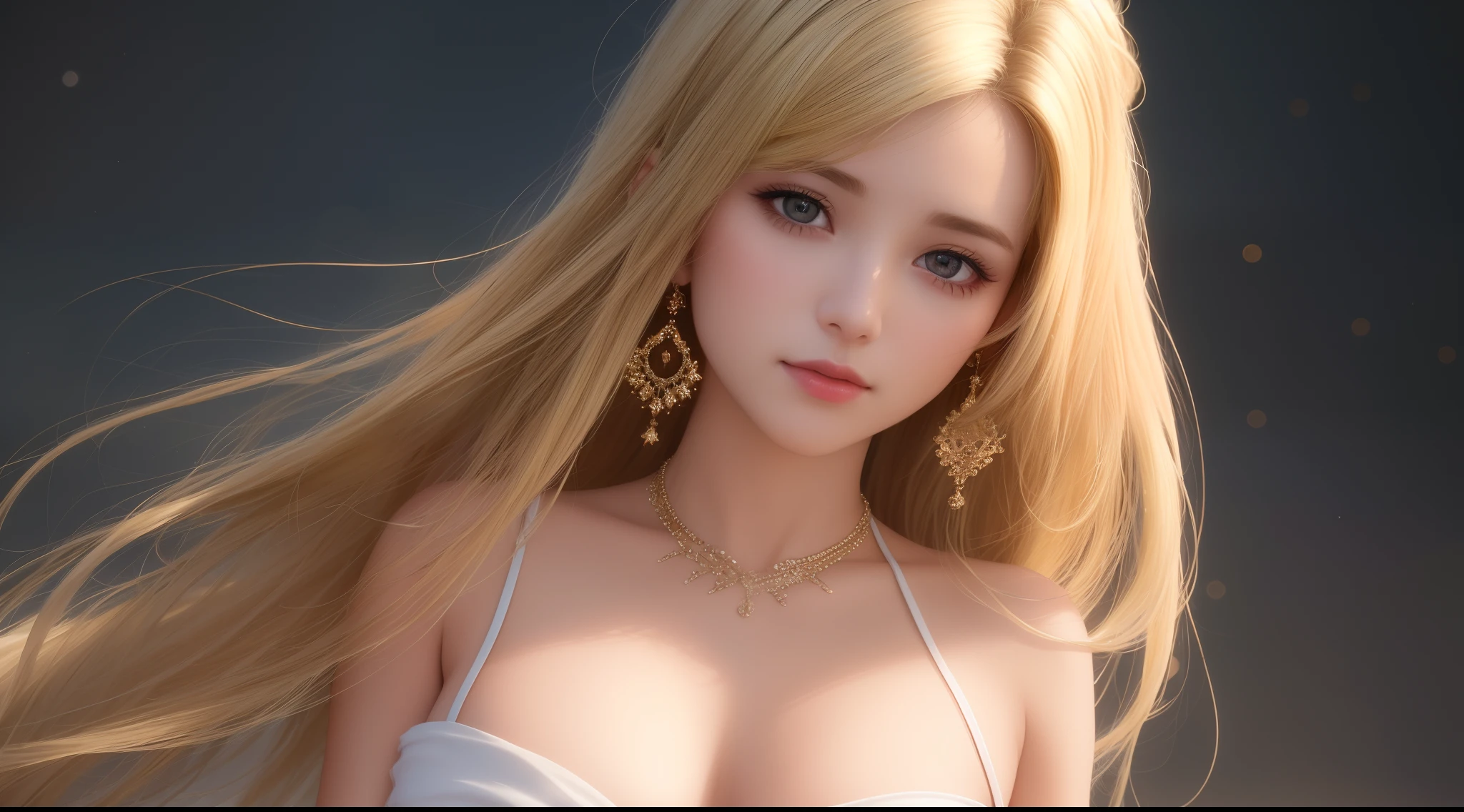 best quality, masterpiece, high_res, 1girl, hair ornament, necklace, jewelry, Beautiful face, upon body, tyndall effect, photo realistic, dark studio, rim lighting, two tone lighting, (high detailed skin:1.2), 8k uhd, dslr, soft lighting, high quality, volumetric lighting, candid, Photograph, high resolution, 4k, 8k, Bokeh, medium breasts, open fingers, (hair color:blonde:1)
