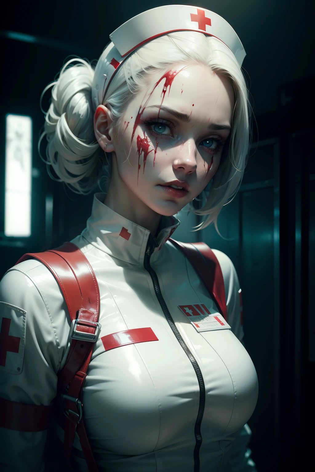 Portrait of a Nurse wearing a white latex bodysuit, blood on her face, fetish vibes, horror vibes, dark atmosphere, cinematic, dramatic lights, ultra detailed, photorealistic, masterpiece, trending on Artstation.