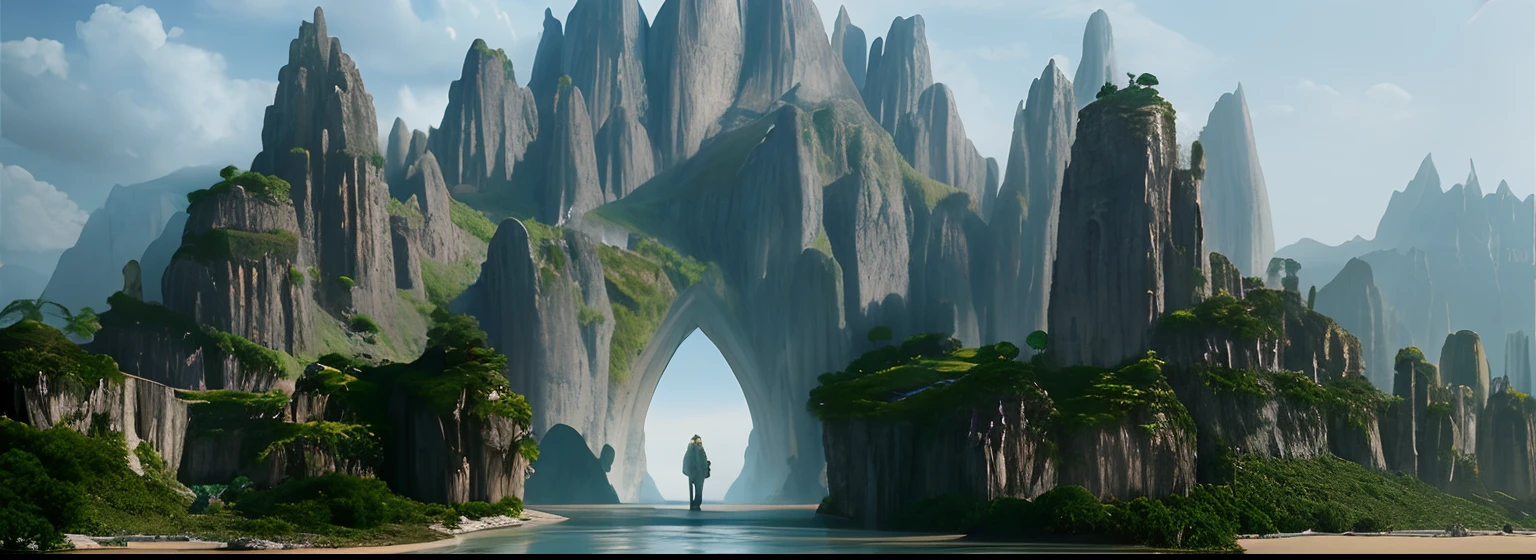 There is a big mountain,There is a heart-shaped stone door in the middle, epic matte painting of an island, highly realistic concept art, stunning concept art, matte painting concept art, Crazy meticulous matte painting, highly detailed concept art, highly detailed matte painting, pristine concept art, 3d rendered matte painting, hyperdetailed 3d matte painting