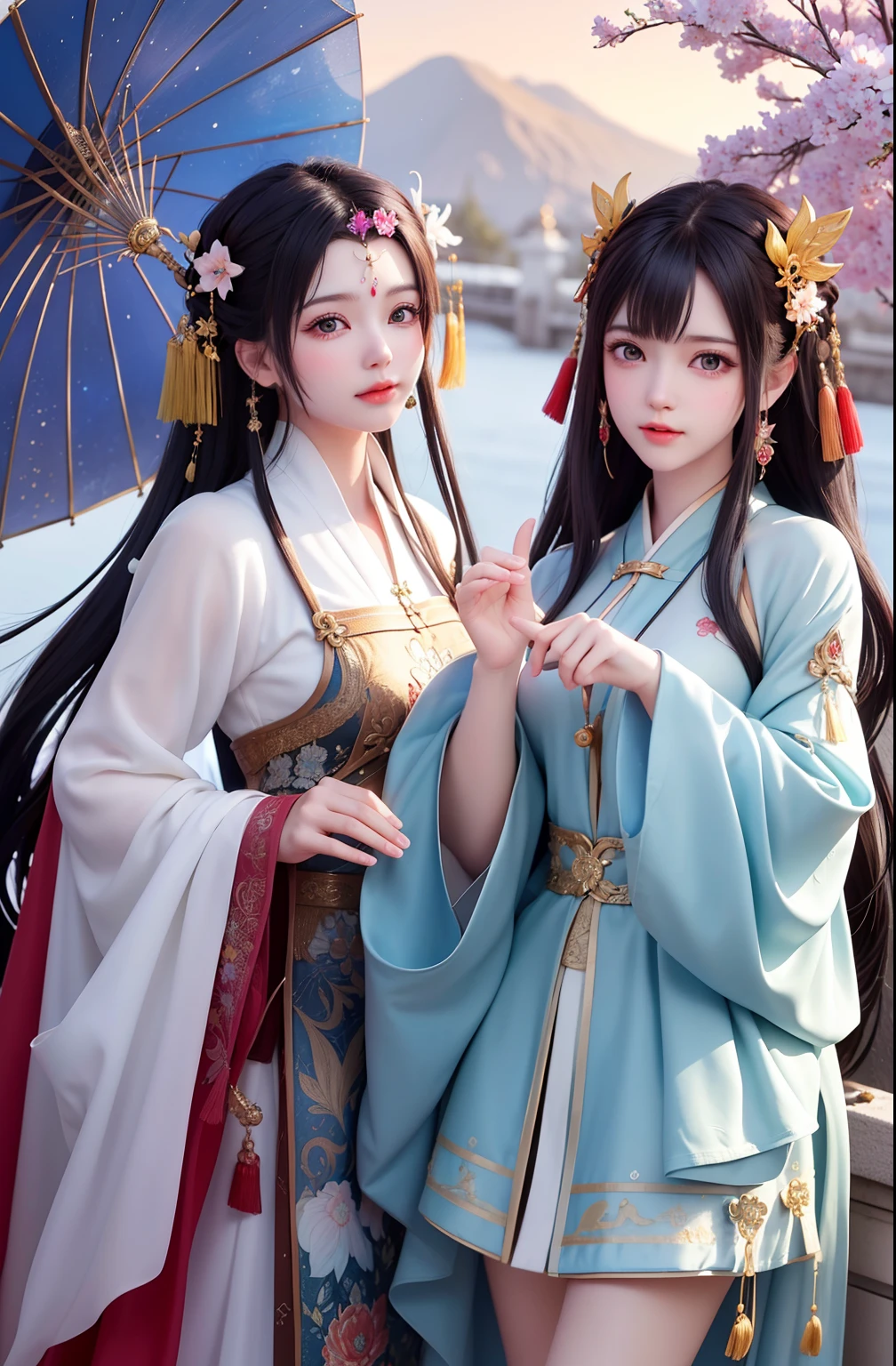 (8k, RAW photo:1.2),best quality, ultra high res,dramatic angle,(fluttered detailed color splashs), (illustration),(((2 girls))),(long hair),(rain:0.9),(hair ornament:1.4),there is an ancient palace beside the girl,chinese clothes,(focus on), color Ink wash painting,(color splashing),colorful splashing,(((colorful))),(sketch:0.8), Masterpiece,best quality, beautifully painted,highly detailed,(denoising:0.6),[splash ink],((ink refraction)), (beautiful detailed sky),moon,highly,detaild,(masterpiece, best quality, extremely detailed CG unity 8k wallpaper,masterpiece, best quality, ultra-detailed),(Lycoris radiata),