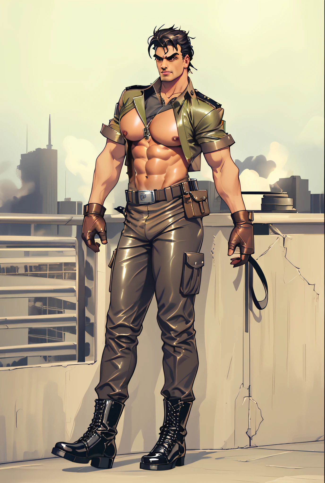 "Shiny leather military shirt highlighting massive pecs and bulging biceps, exuding a tantalizing allure."