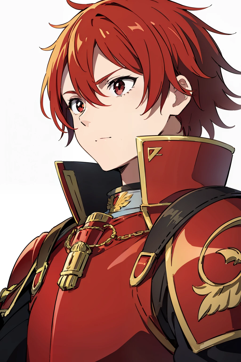 One male, 16 years old, short red hair, detailed face, wearing red armor, lightweight, long sword on back, front camera, white background
