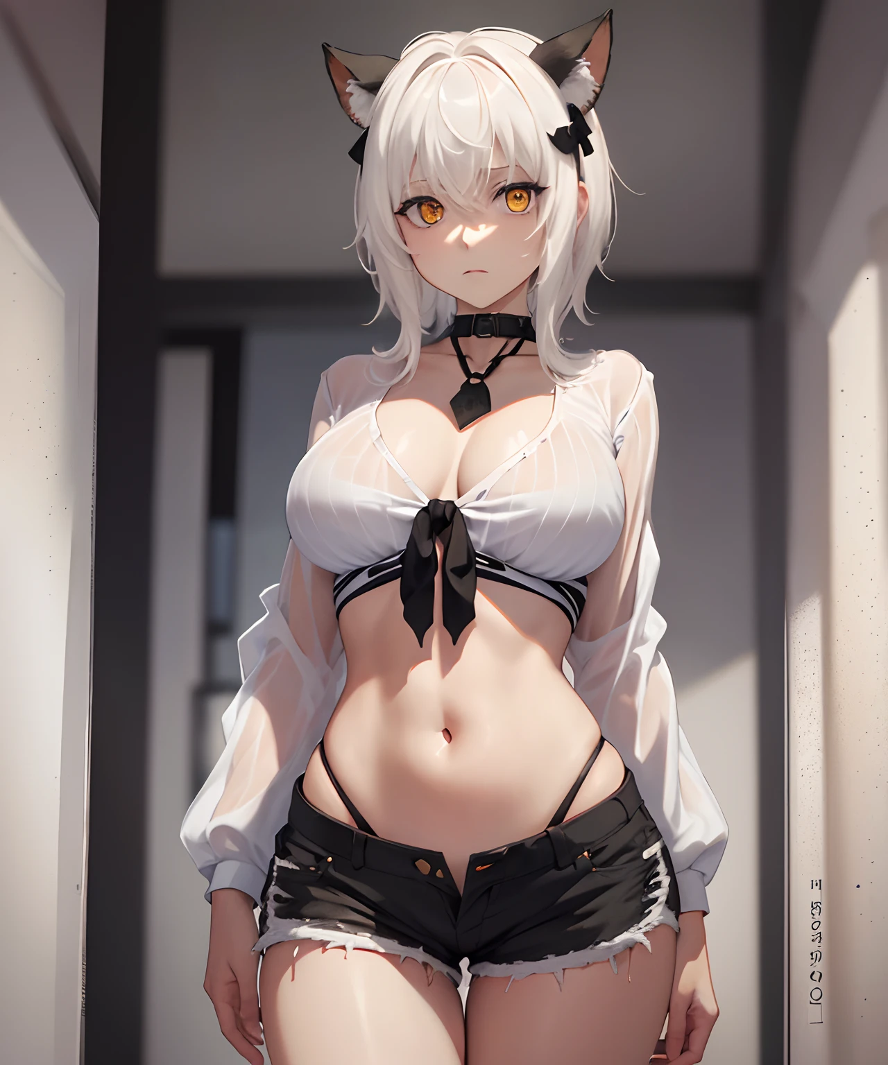 masterpiece, short shorts, navel, collarbone, masterpiece, best quality, highres, dark persona, watercolor painting theme, (looking at the viewer: 1.1), wide hips, big ass, standing, bent, tojou koneko, yellow eyes, white hair, short hair, hair decoration, white shirt, black ribbon around the neck,