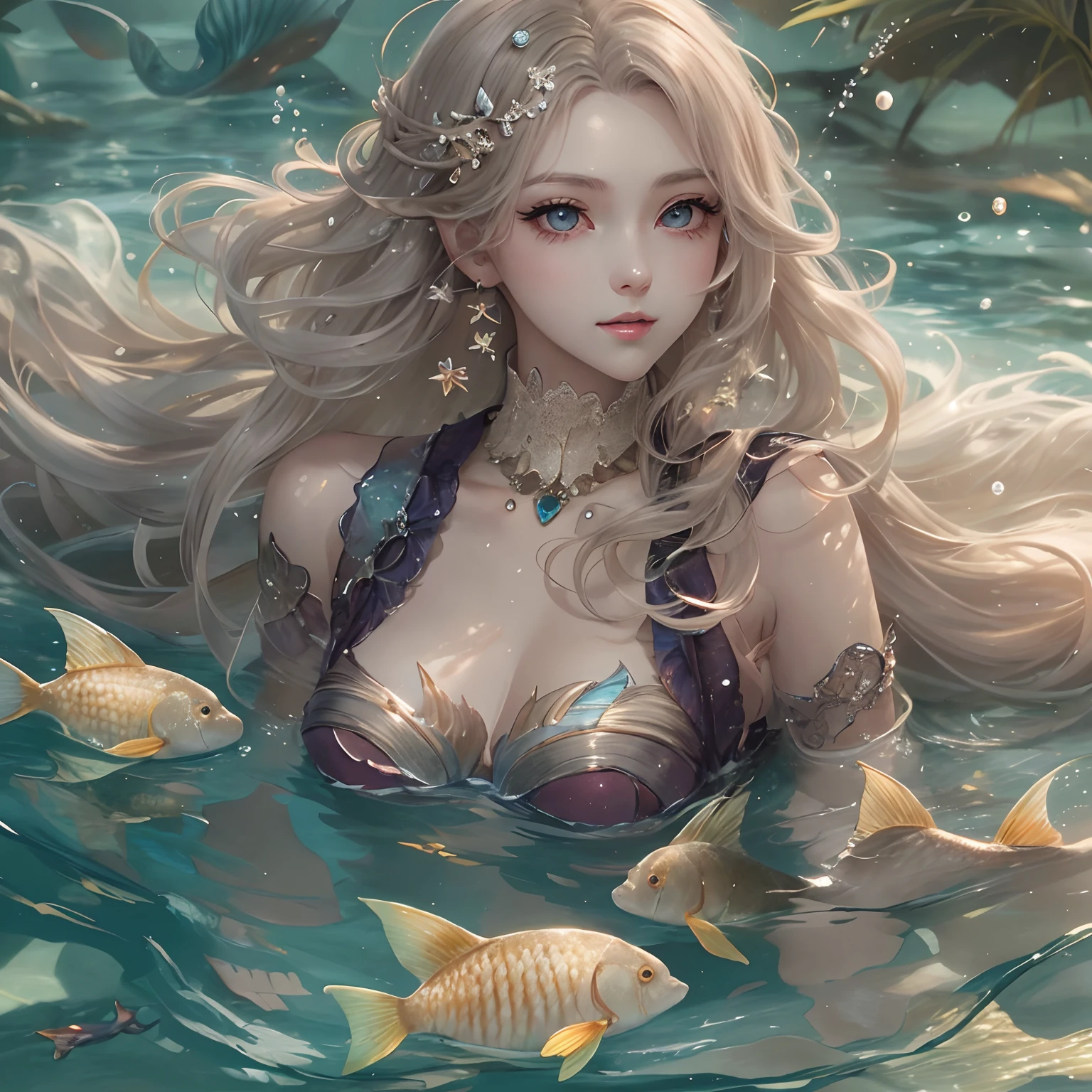 illustration,1 25 year old girl,full bodyesbian,Best quality at best,highly detailed,Best quality at best,tmasterpiece,An extremely delicate beauty,extremely detaile,adult girl,style of anime,Desico Girl,nijistyle,mermaids,Swimming moves,Human fishtail,