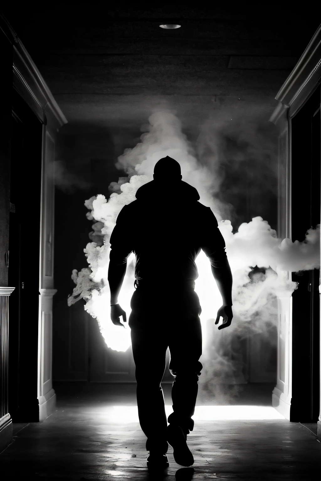 there is a man standing in front of a large screen with smoke, bodybuilder body, walks down dark hallway, deep colors and dark shadows, competition highlights, inspired by George Barret, Jr., volumetric atmosphere, silhouetted, official photos, ominous