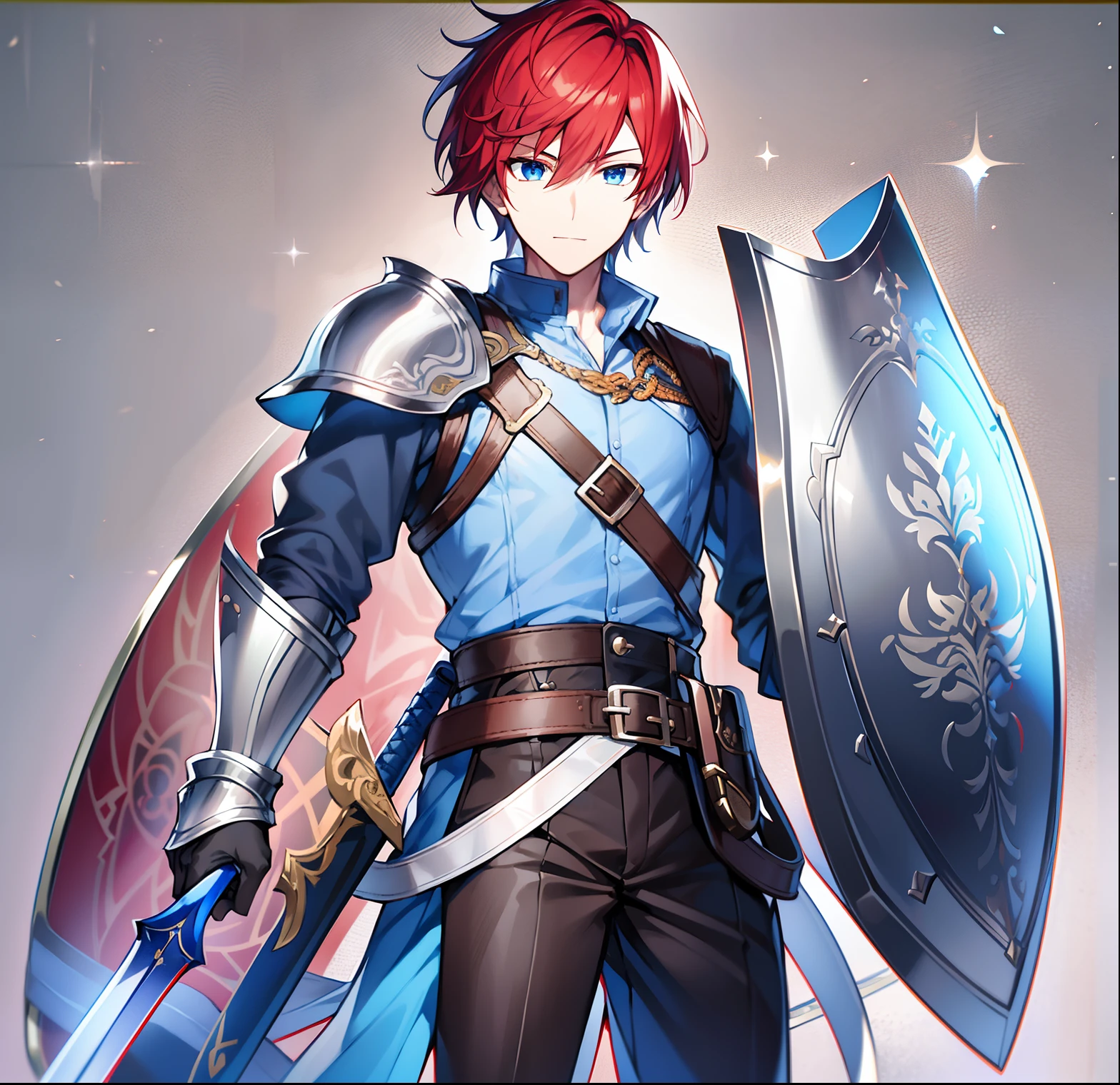 Young man, slight smile, friendly look, red hair, short hair, dark blue eyes, white skin, detailed. Black work gloves, blue shirt, brown belt, black pants. Accessory, 1 Shield, platinum shield, shining shield, 1 sword, silver sword, shining sword. Character sheet