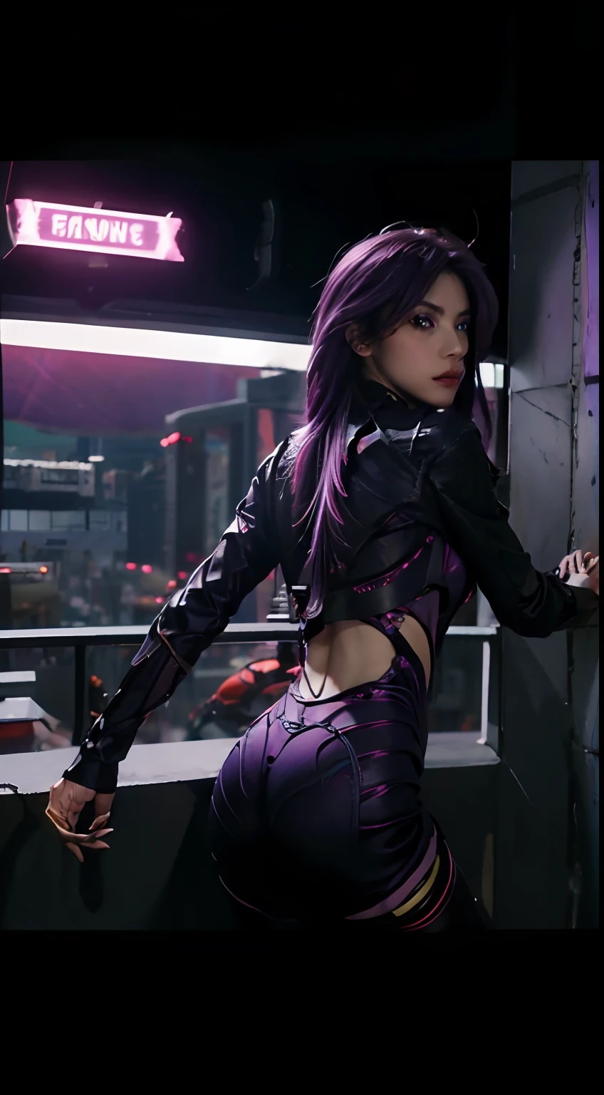 1girl, kai'sa, league of legends, kasa, purple wings, deep purple hair, purple eyes, serious expression, intense glare, looking at the audience, from behind, (dynamic pose), (void wings), weapons, masterpiece, extremely detailed CG Unity 8k wallpaper, best quality, 32k, focus clear, cybercity, neon sign, aperture, void field