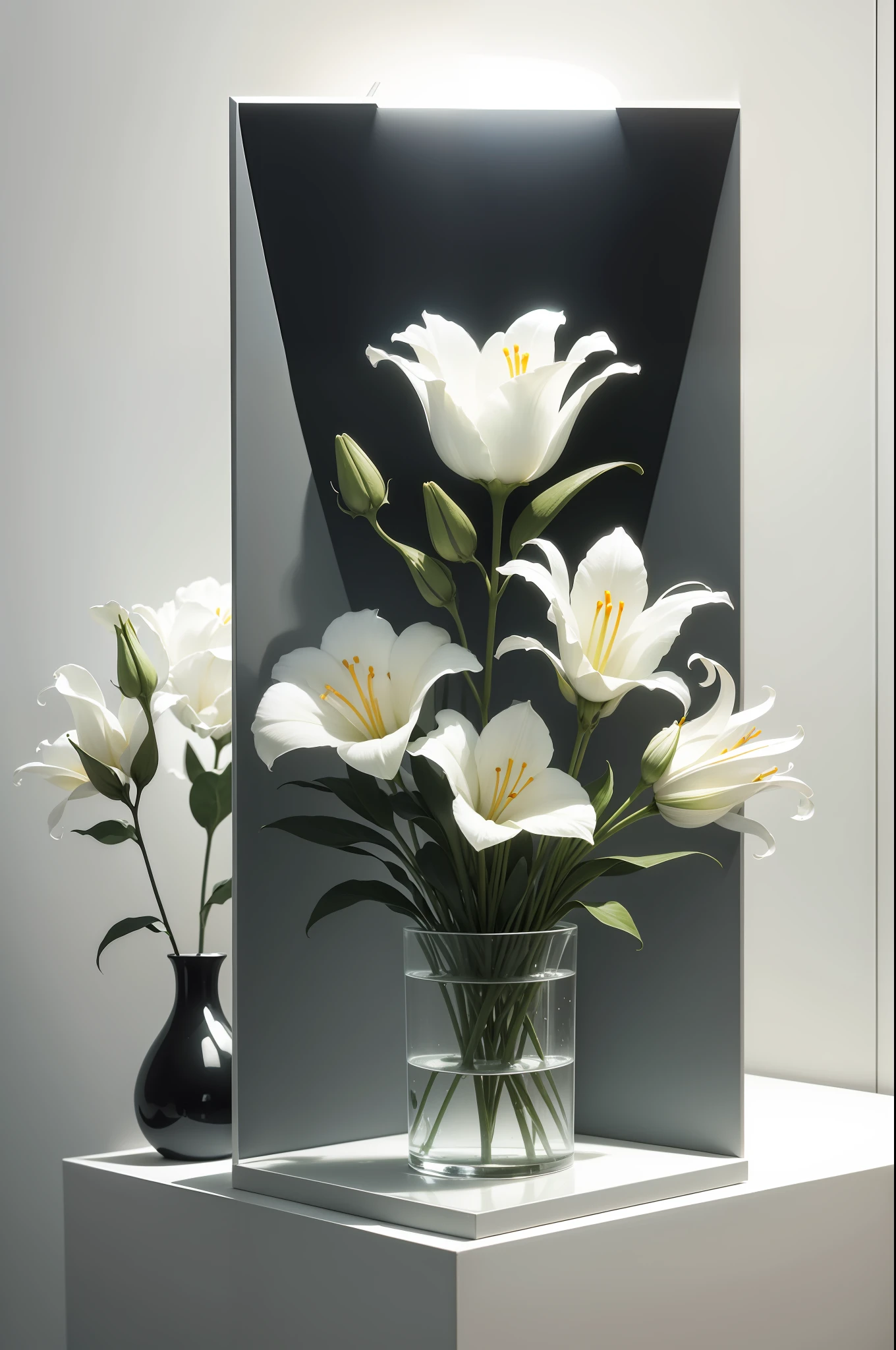 Minimalist theme, three-dimensional, fresh, sci-fi, white background with accents, grainy, lilies will laugh, roses will cry, high class, conceptual art, high detail, minimalism, tonalism, compositionalism, dioramas