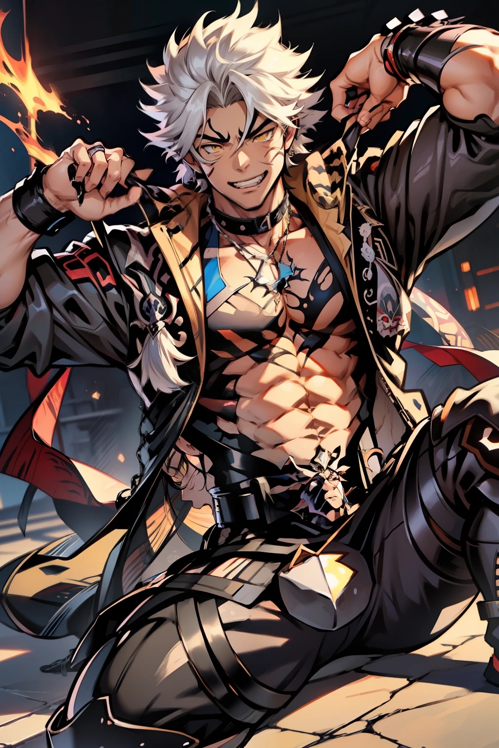 《the original god》Arataki Kazuto , male people,,((Masterpiece)), ((Best quality)), Ultra detailed,((illustration)), Dynamic Angle, Detailed light, (Delicate eyes), Floating, 1boy, Male focus, Head, Clothing, Yellow eyes, necklace, tattoo, (Forehead:0.8), (ahoge:0.8), jewelry, apathy,Ray, chest muscle, Sexy , Venom symbiote for your body, Black mucus of the body , (into venom), Venom,frontage,style of anime4 K, 4K anime wallpaper, Badass anime 8 K, 4 k comic wallpaper, young anime man, Anime boys, Anime wallpapers 4 k, Anime wallpaper 4K, High quality anime art style, Anime moe art style, Anime art wallpaper 8 K, Anime art wallpaper 4 K, RGB lighting