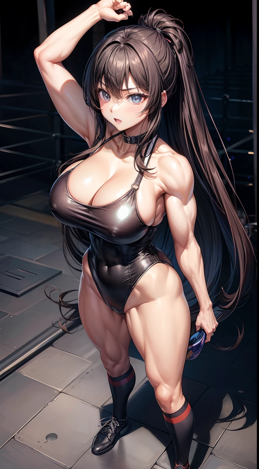 On the ring、professional female wrestler、a beauty girl、huge tit、leotard、kawaii girl、Longhaire、A dark-haired、globe、Ring Shoes、game、Nice Buddy、well-muscled、abdominals、full body seen、is standing