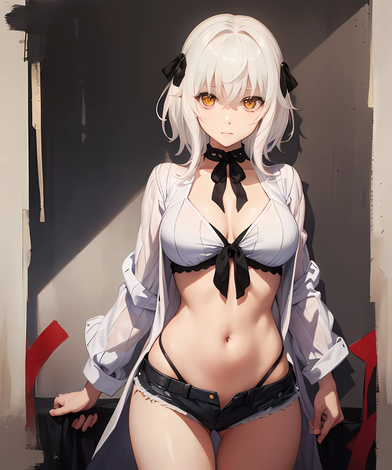 masterpiece, short shorts, navel, collarbone, masterpiece, best quality, highres, dark persona, watercolor painting theme, (looking at the viewer: 1.1), wide hips, big , standing, bent, tojou koneko, yellow eyes, white hair, short hair, hair decoration, white shirt, black ribbon around the neck,