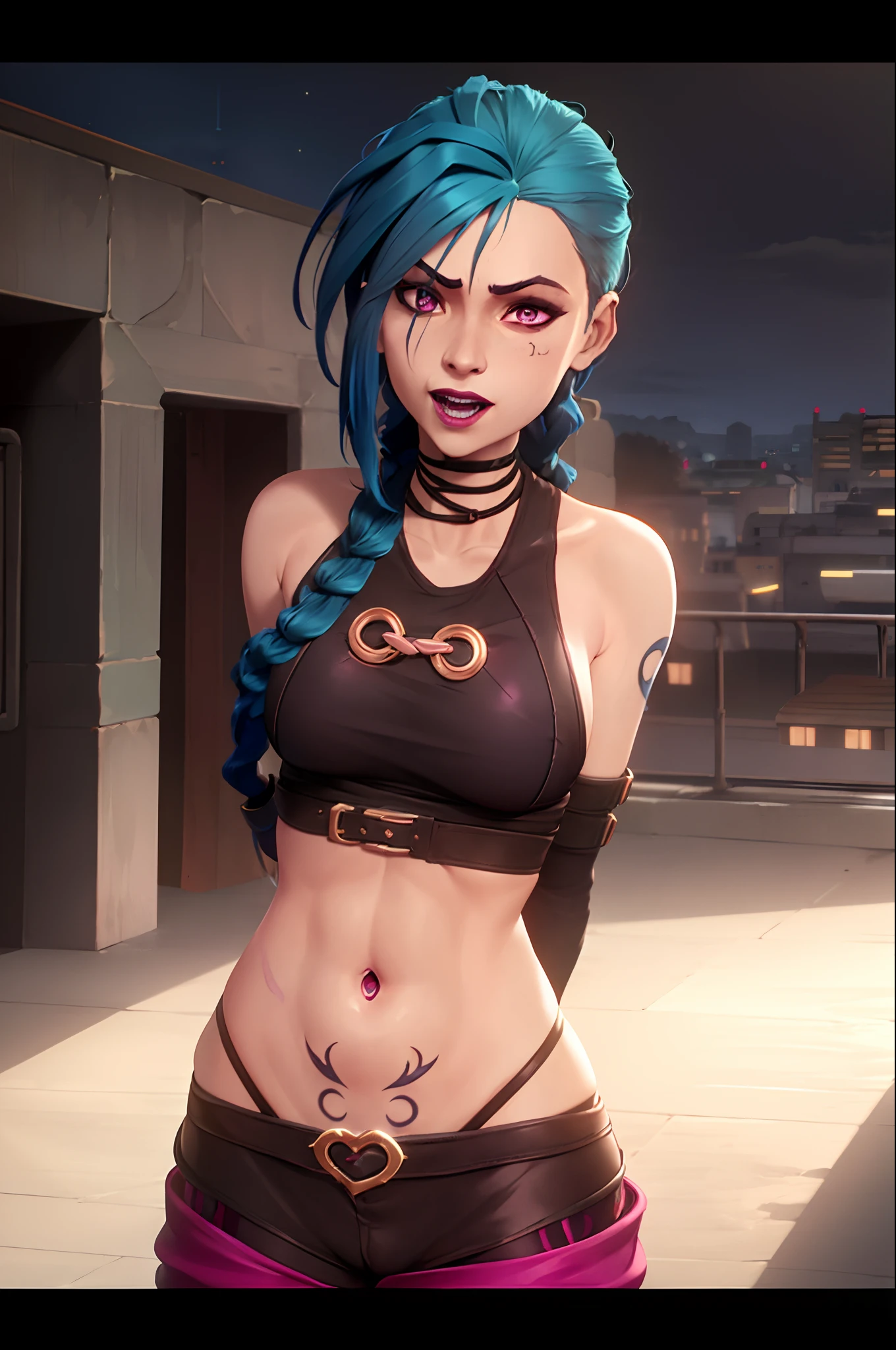 arcane style, 1girl, arm tattoo, asymmetrical bangs, bangs, blue hair, braid, brown shirt, cloud tattoo, looking at viewer, laughing, crazy, uncontrollable laugh, mad look, night, city, green hair, long hair, midriff, pink eyes, red lips, shirt, solo, standing, tattoo, twin braids, upper body, arcane jinx, jinx \(league of legends\), NSFW, tight clothes, seductive, seductive pose