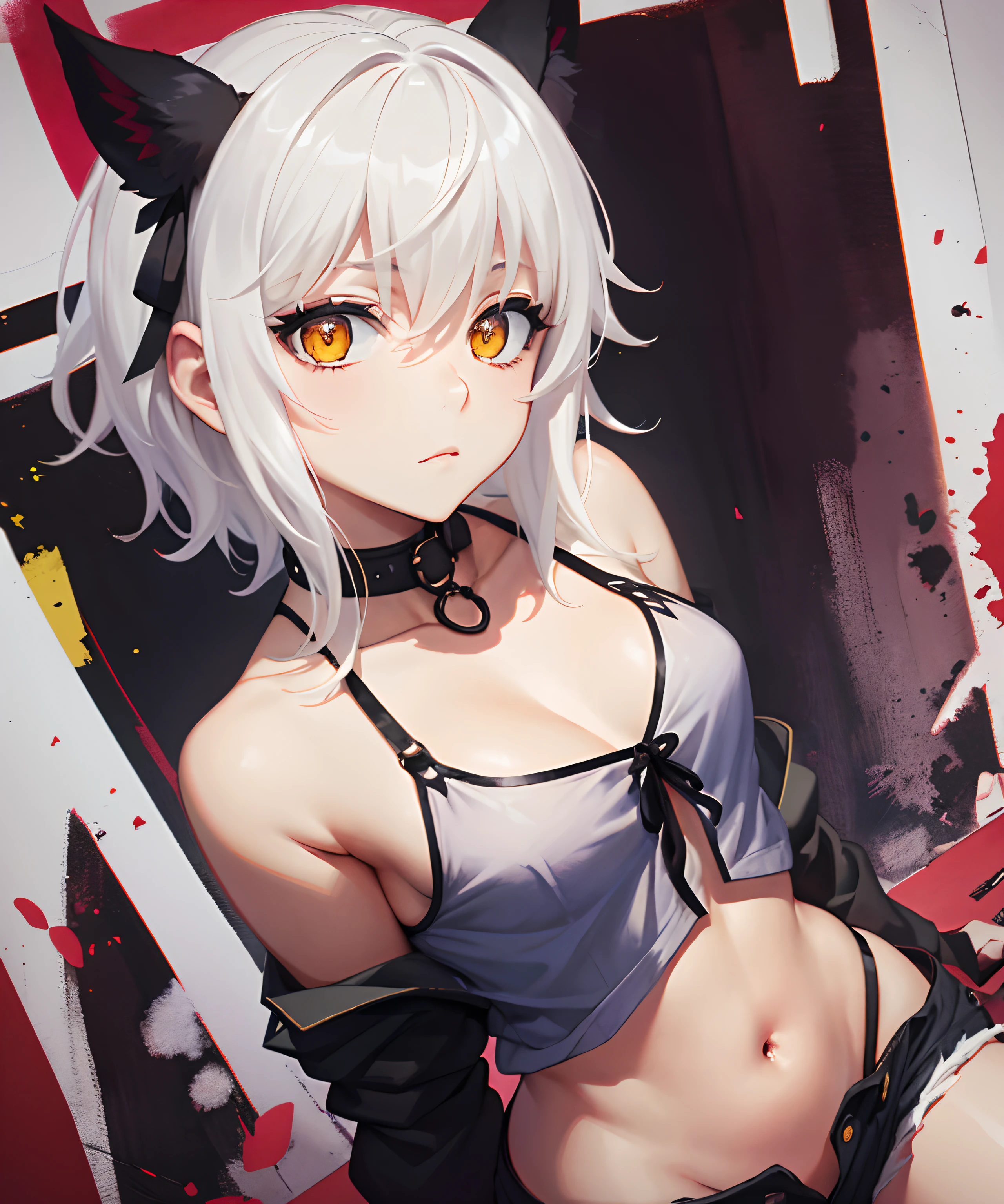 masterpiece, short shorts, navel, collarbone, masterpiece, best quality, highres, dark persona, watercolor painting theme, (looking at the viewer: 1.1), wide hips, big ass, standing, bent, tojou koneko, yellow eyes, white hair, short hair, hair decoration, white shirt, black ribbon around the neck,