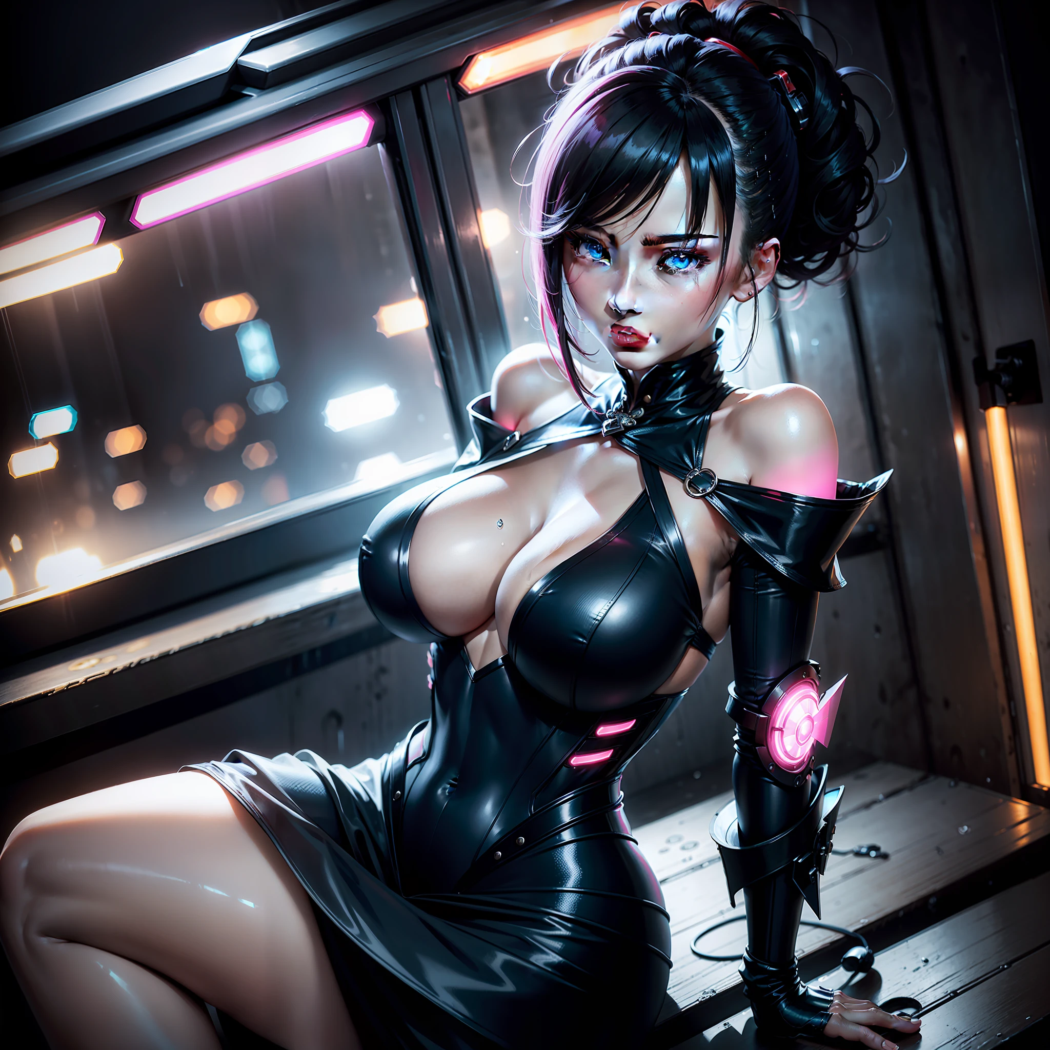 Kizi,By bangs,whaite hair,eBlue eyes,Fashionab,bobo head,short detailed hair,cleavage,鎖骨,Translucent erotic cheongsam,mechs,cyber punk perssonage,neonlight,Bigboobs,a matural female,Glow skin,rainwater,water dripping,badass,Cleavage is seductive,,Erotic expressions,seductiv