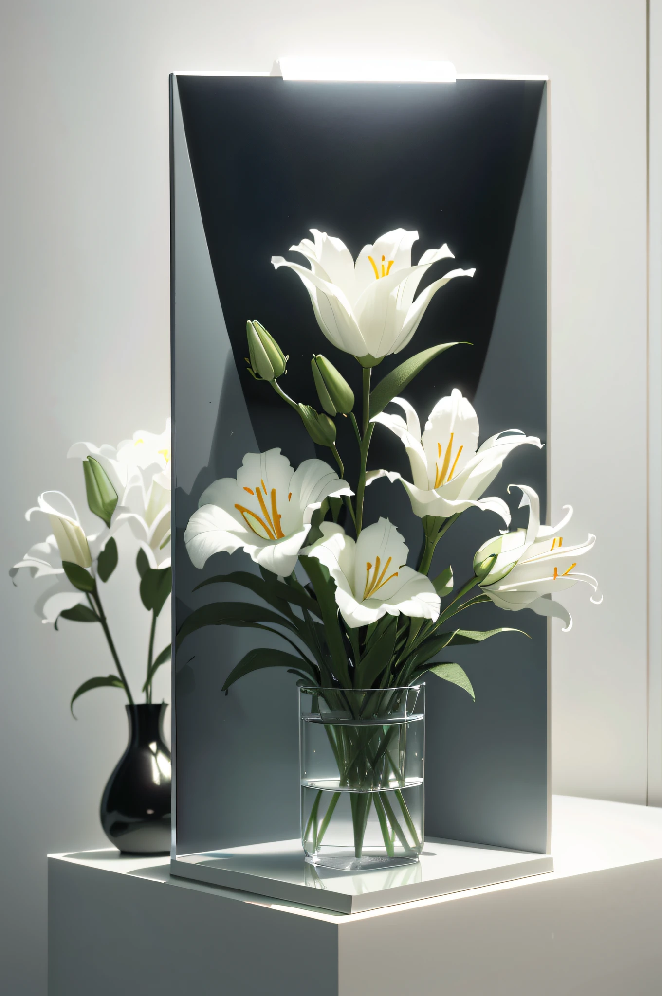 White lilies, the lilies. 8 k'', lilies, in style of 3d render, the lilies, lillis, big lilies, rendered in povray, 3 d photorealistic render, vase with flowers, photorealistic 3d render, photorealistic 3d render, ray-traced reflection