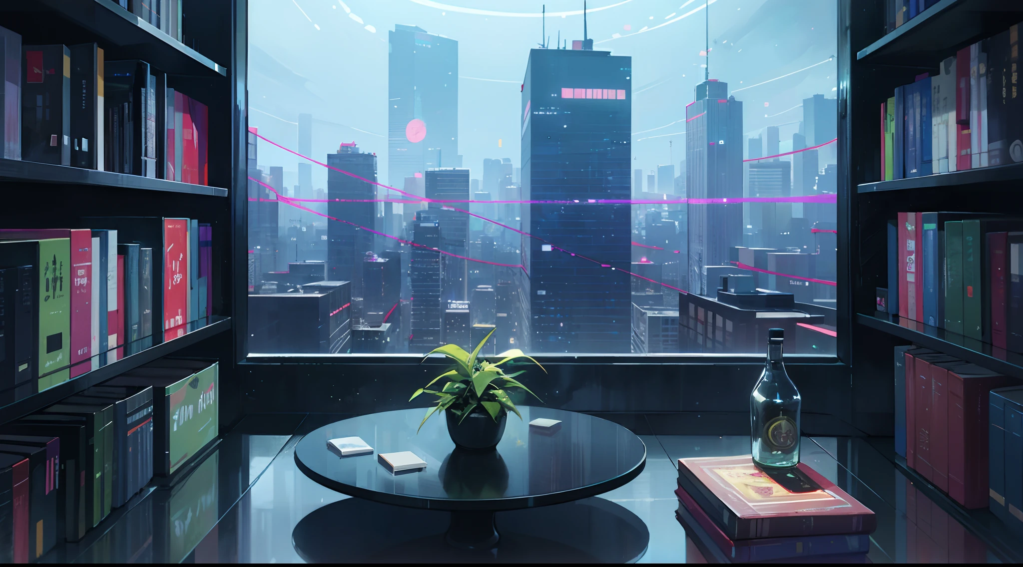 At night, there are dim blue-green lights indoors, bookshelves half full of books, various items on the tabletop, windows directly in front of the window, windows account for a quarter of the picture, night view of the city outside the window, anime style 4 K, cyberpunk anime, 4k anime wallpaper, anime art wallpaper 8 k, anime style. 8K, digital cyberpunk anime art