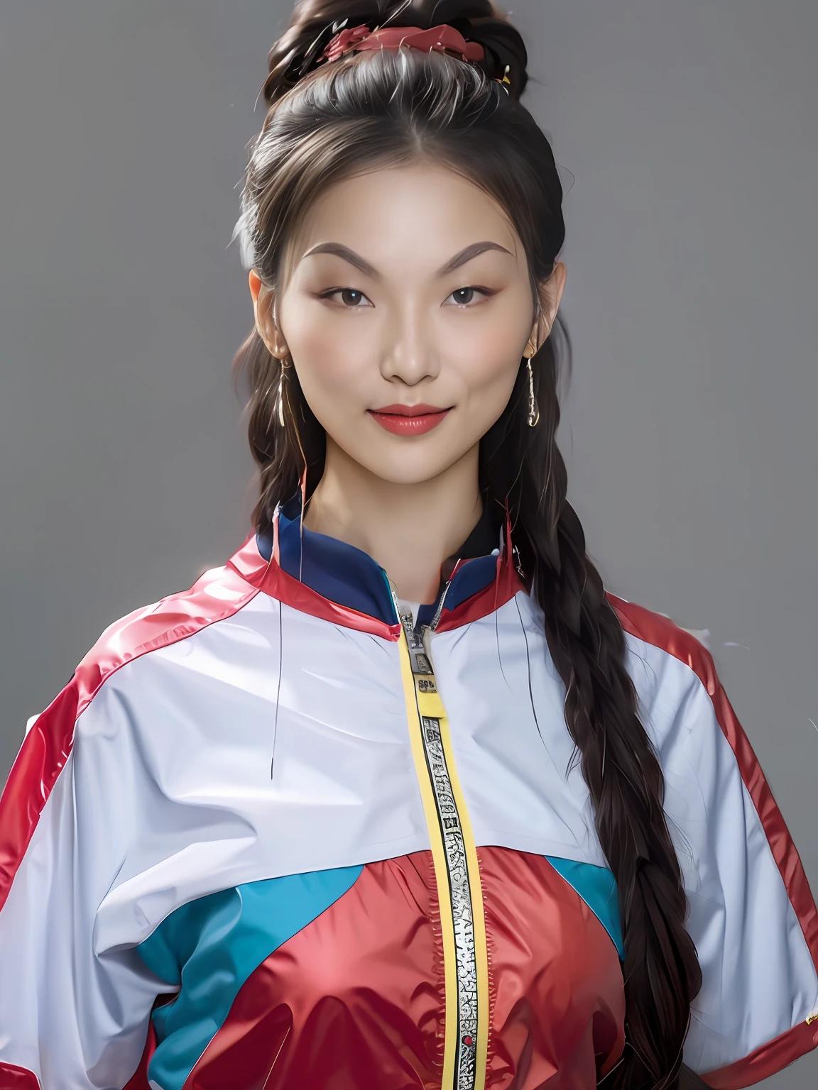 A Chinese high school girl,PVC yellow and blue sportswear,zippers