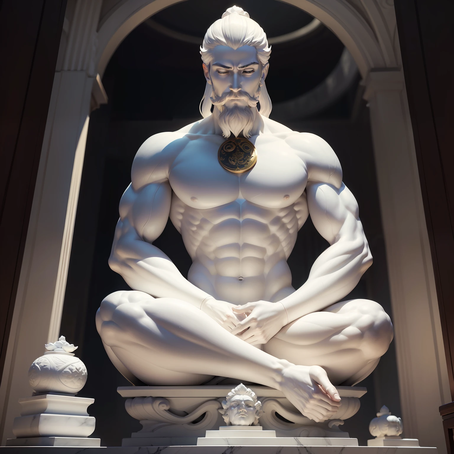 White marble statue of a male Taoist monk, reflexivo, sereno, passivo, cabelos longos, barba cheia, homem, sentado, Meditando, meditation, melhor qualidade