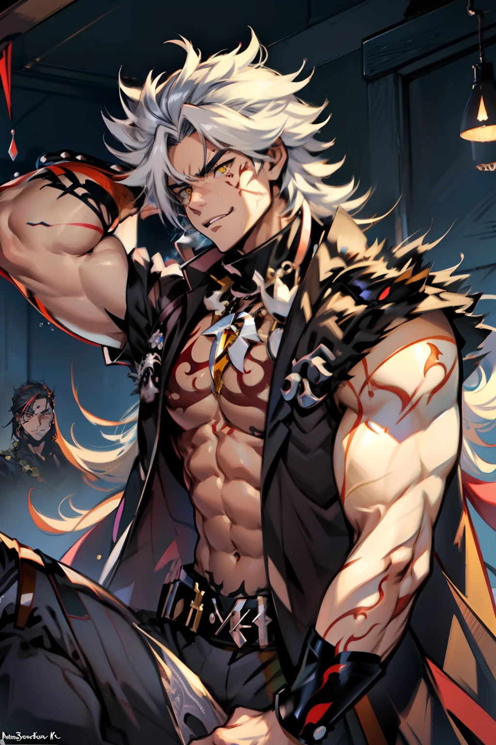 《the original god》Arataki Kazuto , male people,,((Masterpiece)), ((Best quality)), Ultra detailed,((illustration)), Dynamic Angle, Detailed light, (Delicate eyes), Floating, 1boy, Male focus, Head, Clothing, Yellow eyes, necklace, tattoo, (Forehead:0.8), (ahoge:0.8), jewelry, apathy,Ray, chest muscle, Sexy , Venom symbiote for your body, Black mucus of the body , (into venom), Venom,frontage,style of anime4 K, 4K anime wallpaper, Badass anime 8 K, 4 k comic wallpaper, young anime man, Anime boys, Anime wallpapers 4 k, Anime wallpaper 4K, High quality anime art style, Anime moe art style, Anime art wallpaper 8 K, Anime art wallpaper 4 K, RGB lighting