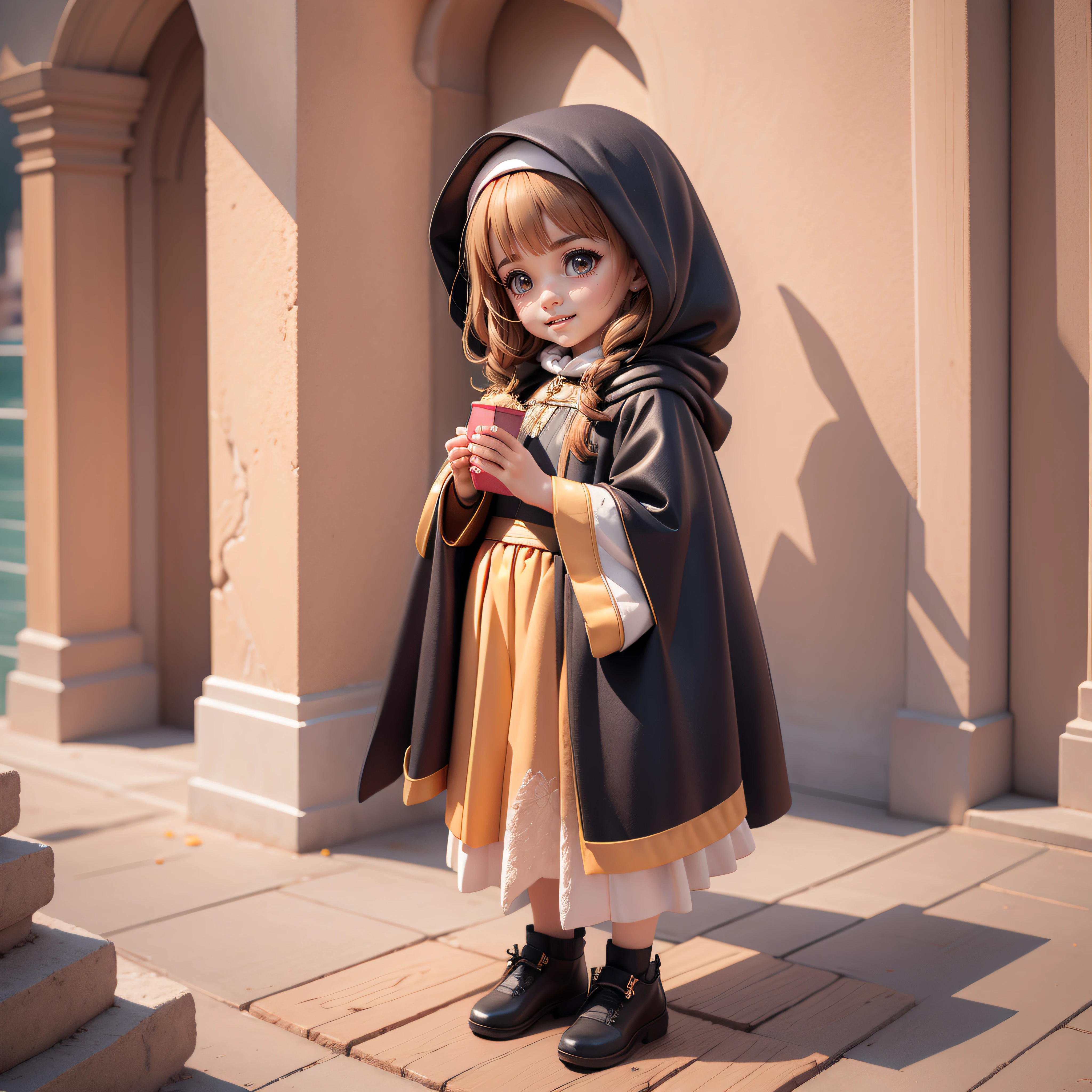 7 year old girl,One Little Girl,Wearing a black cloak,faith,Virgin,islamic,k hd,the detail,full body concept,Run,ssmile,Food in hand,Maria,bible