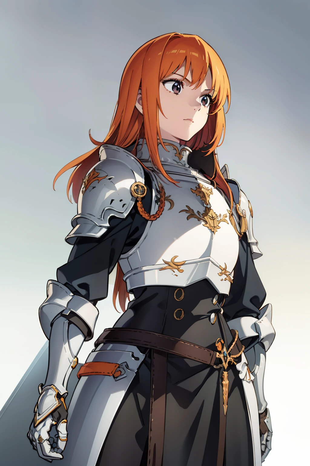 female, 15 years old, long orange hair, detailed face, calm face, wearing light white armor, sword on waist, front camera, white background