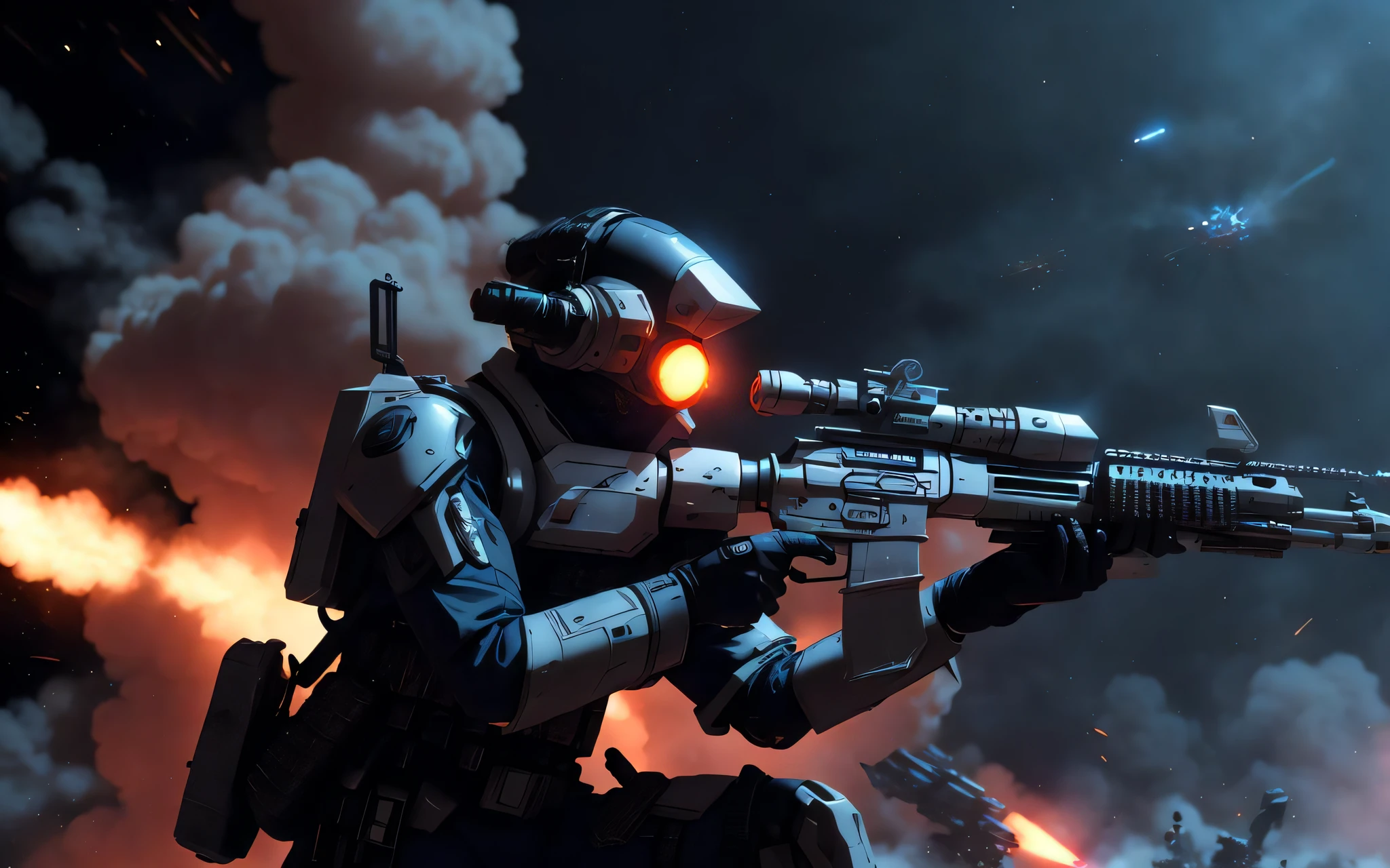 2010's dark sci-fi anime style futuristic elite guardsman shooting a disruptor rifle in battle, smoke