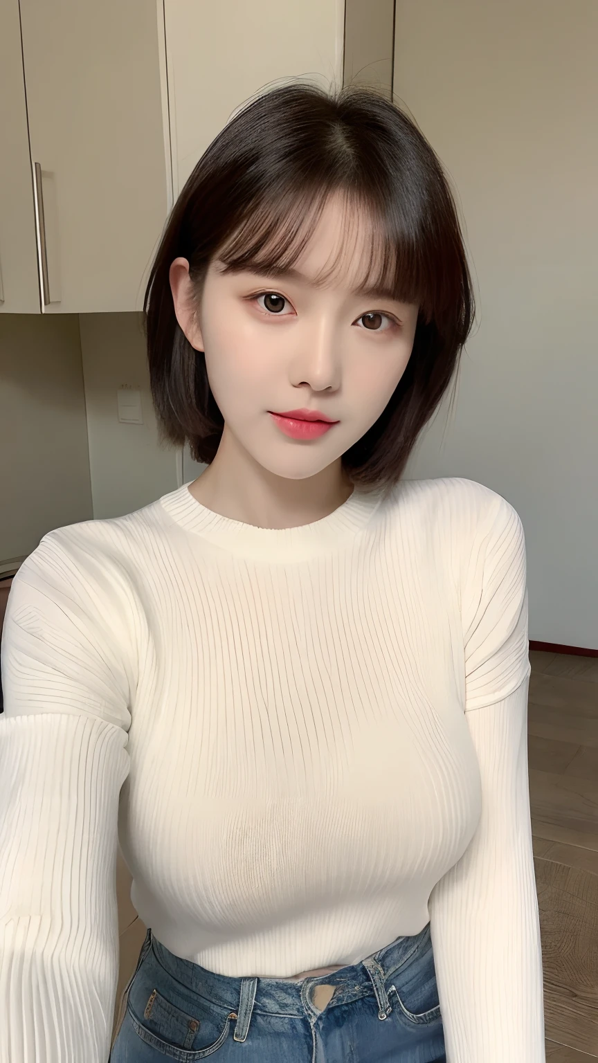 （realisticlying， A high resolution：1.3）， 1 girl with a perfect body， Super fine face and eyes，short detailed hair， white highnecksweater：1.2， short jeans pants，Expose slender long legs，At home，  huge tit，Expose cleavage