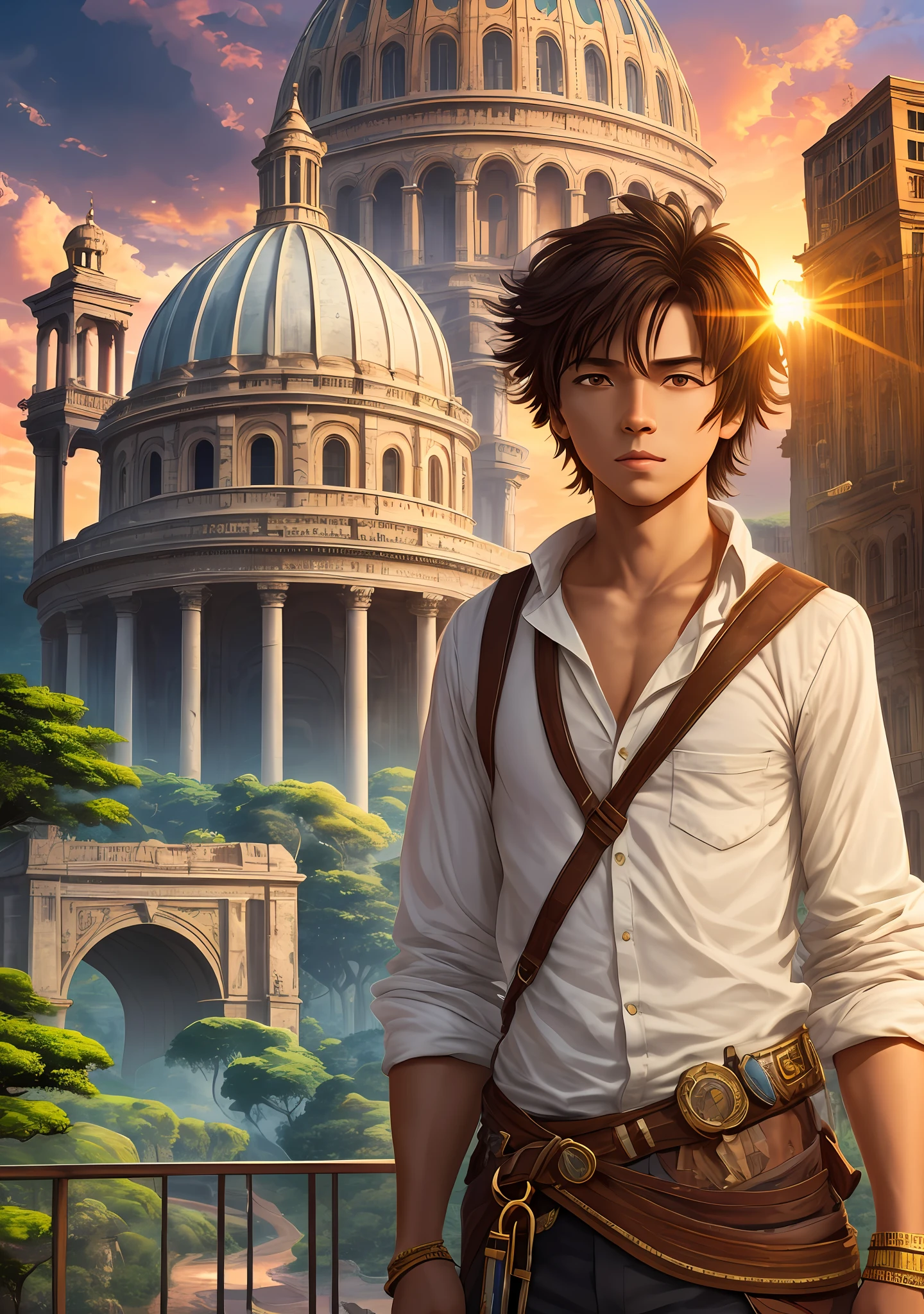 a beautiful adventure boy with a beautiful girl in the city of gold in jungle realistic, hd 4k clearity, masterpiece, old buildings and artifacts made of gold,beautiful scenery, Golden sky background --auto --s2